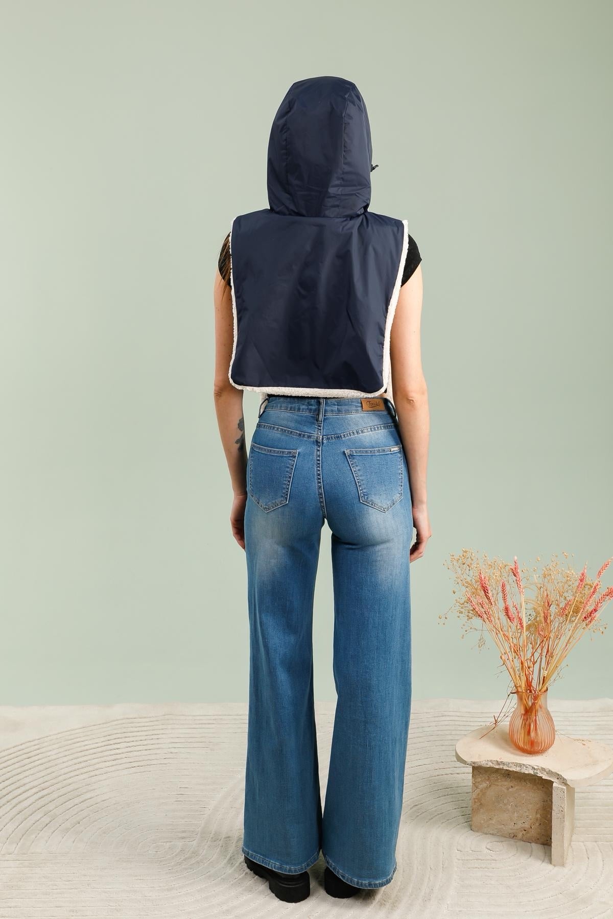 LAURA JO - Col capuche amovible réversible TONY - Bleu marine / Sherpa écru