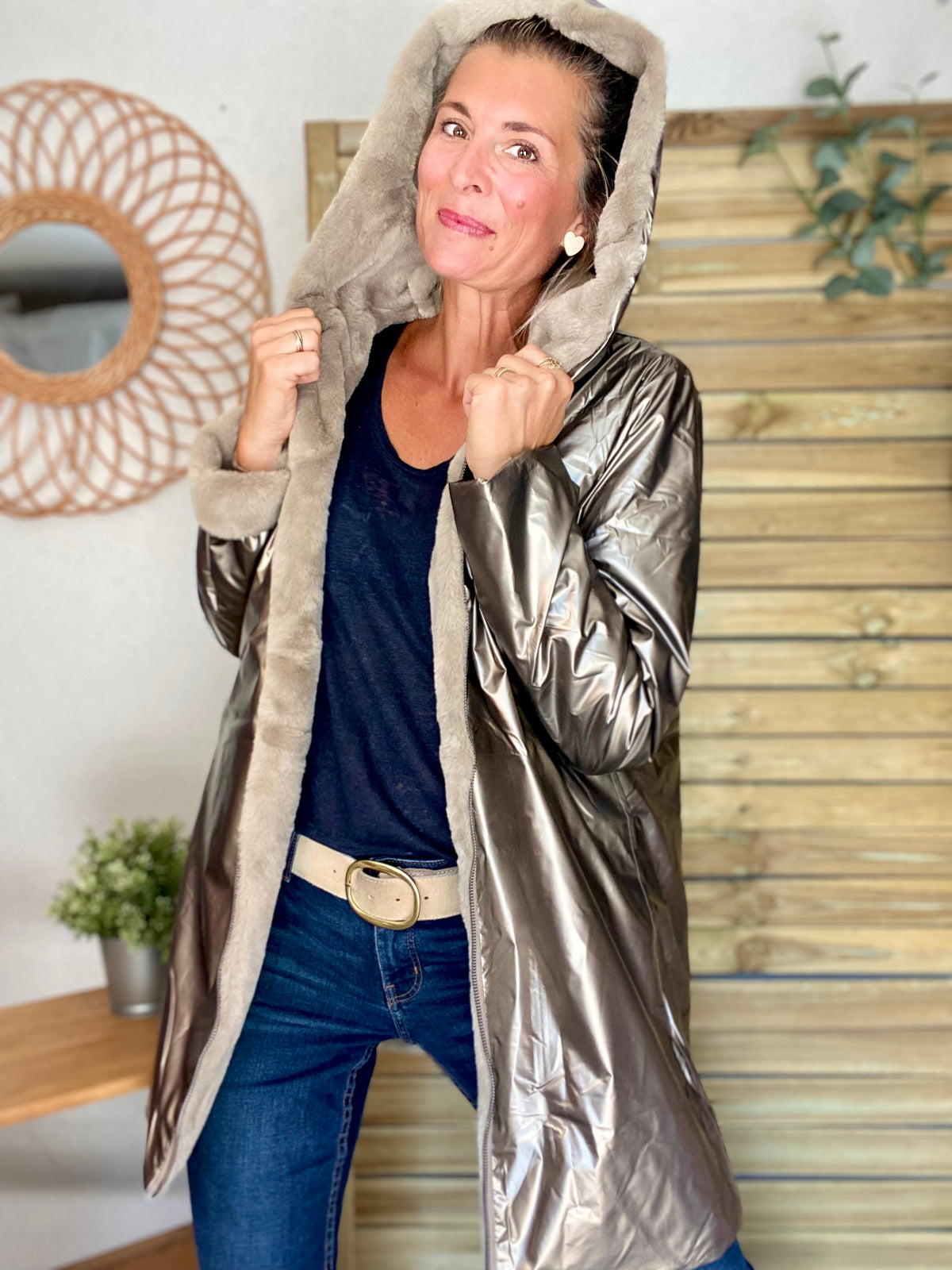 LAURA JO - Parka Imperméable réversible fourrée Bronze / Beige ALIX Long