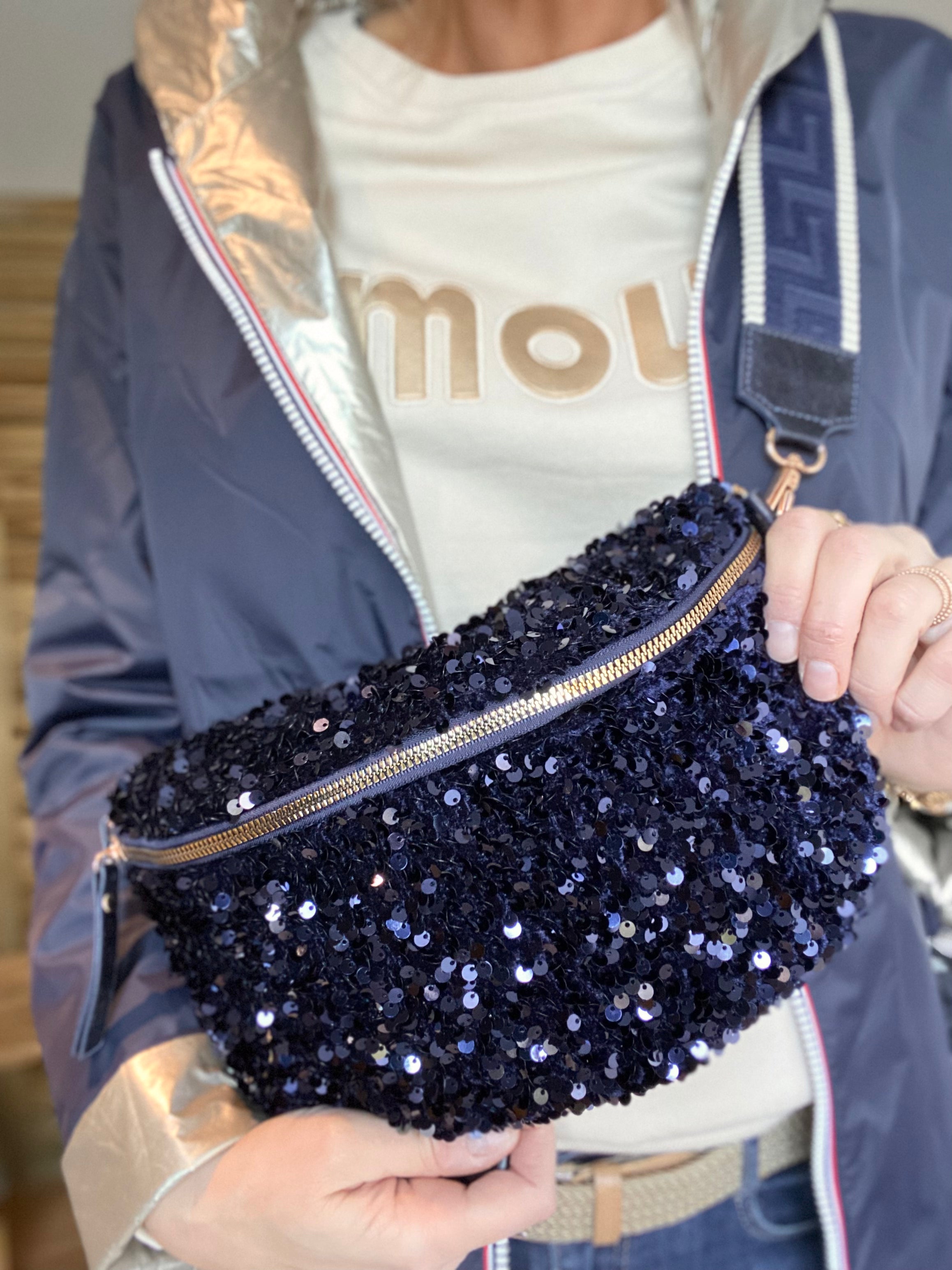 Sac banane L à sequins 30cm et sangle fantaisie - ROXY - Bleu marine