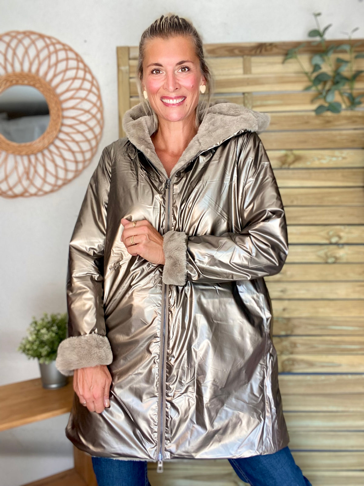LAURA JO - Parka Imperméable réversible fourrée Bronze / Beige ALIX Long