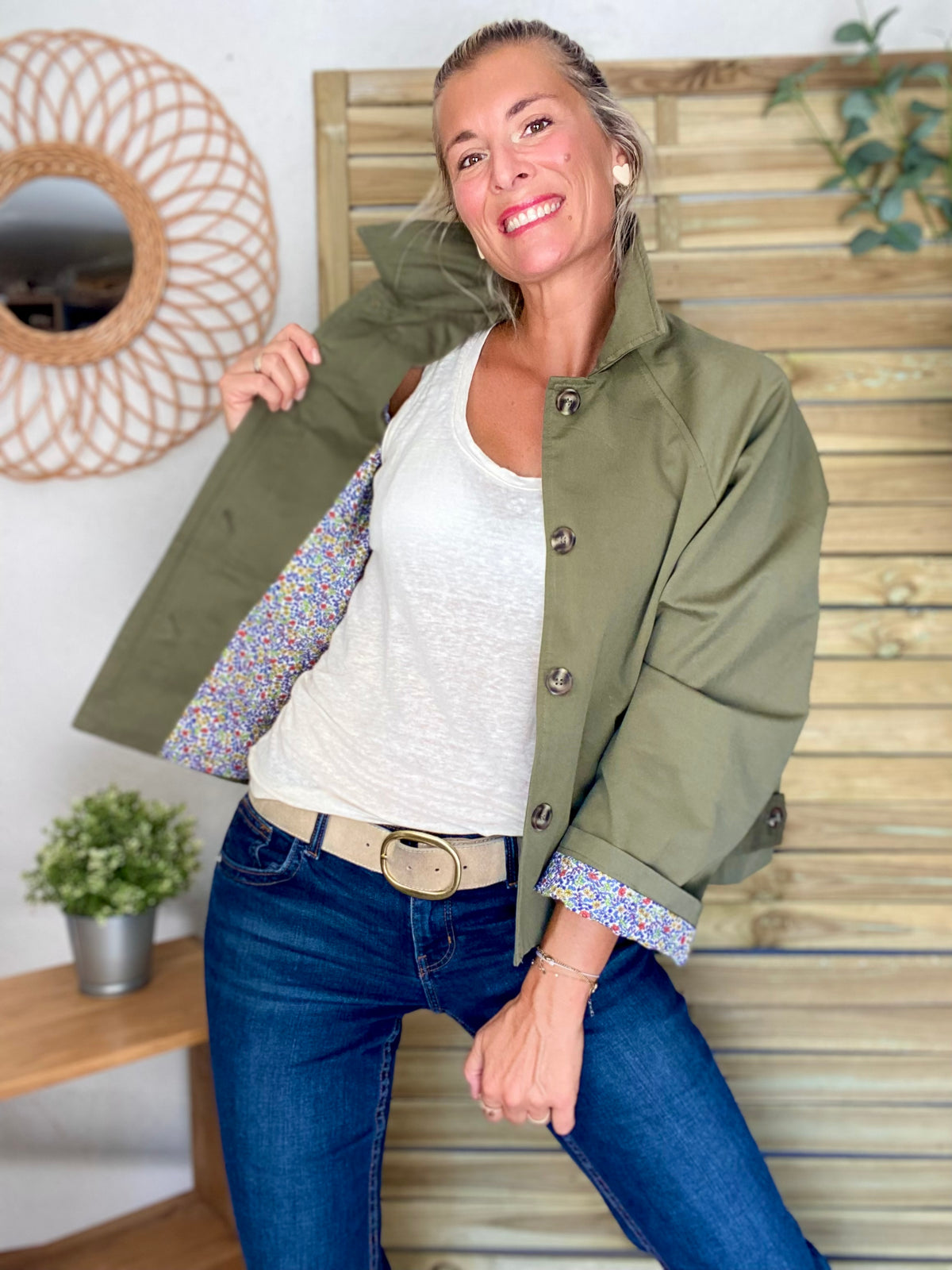 Veste Trench en coton kaki avec Liberty - MAHAUT - LILI et LALA