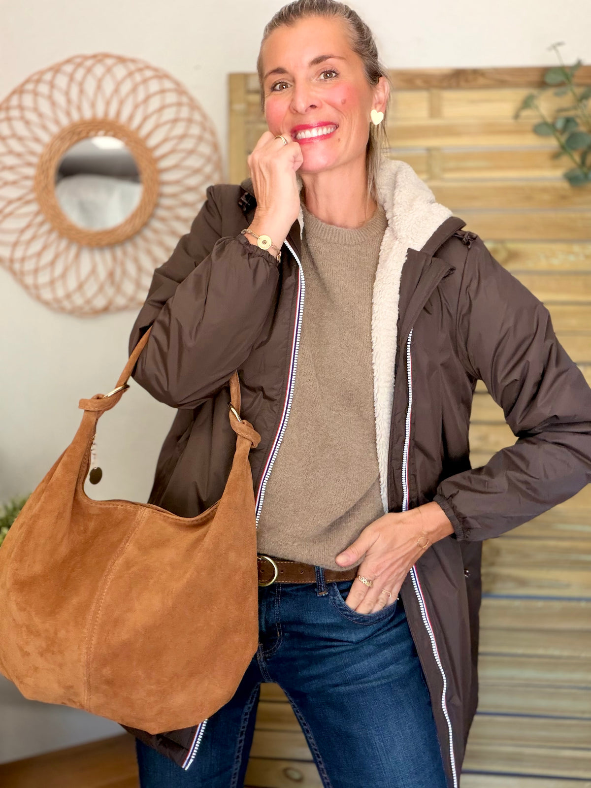 Sac besace hobo en cuir daim souple avec anneaux WILLIAM - Camel