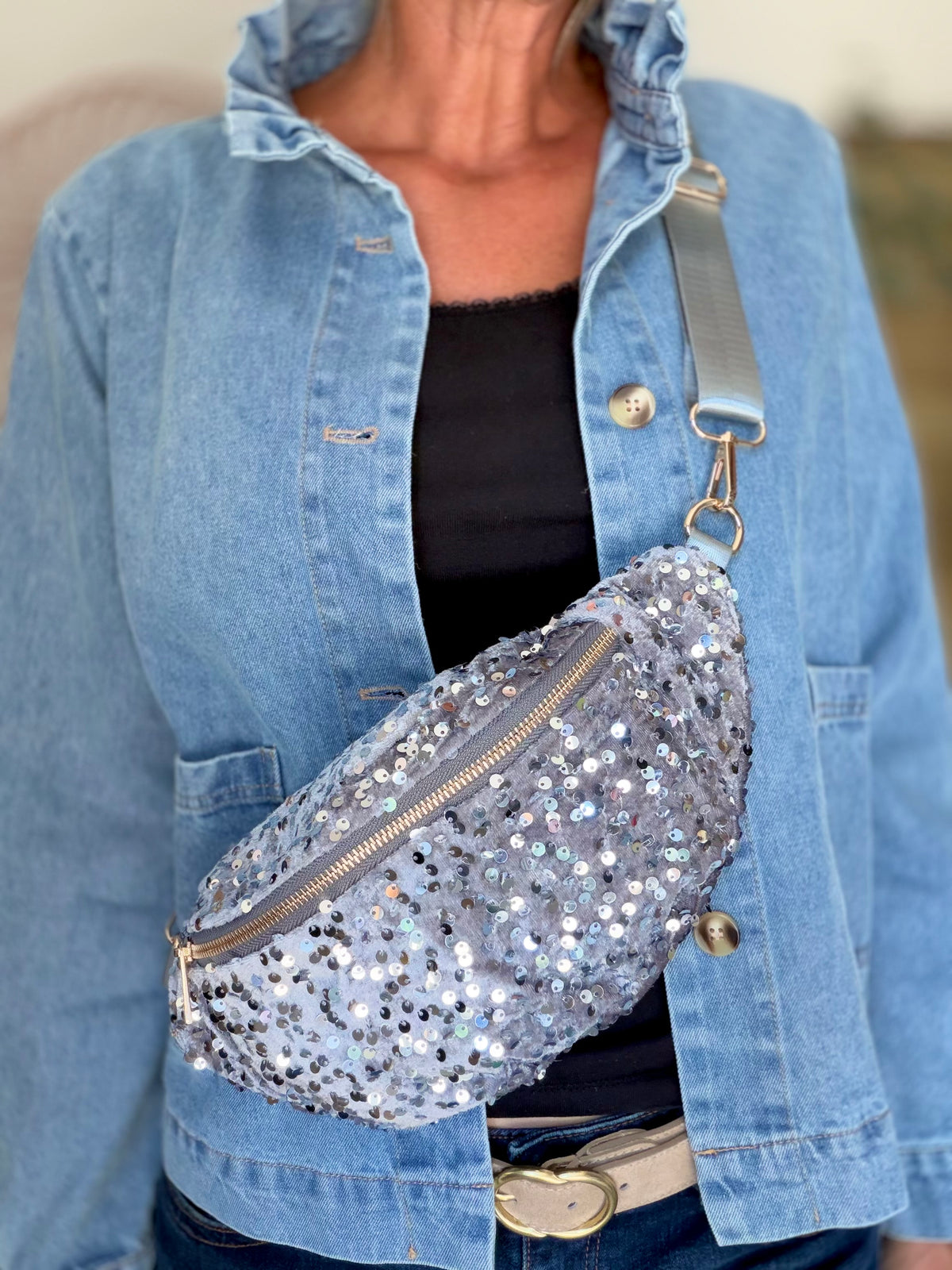 ⚡️ ARRIVAGE - Sac banane velours à sequins DAISY - Argent