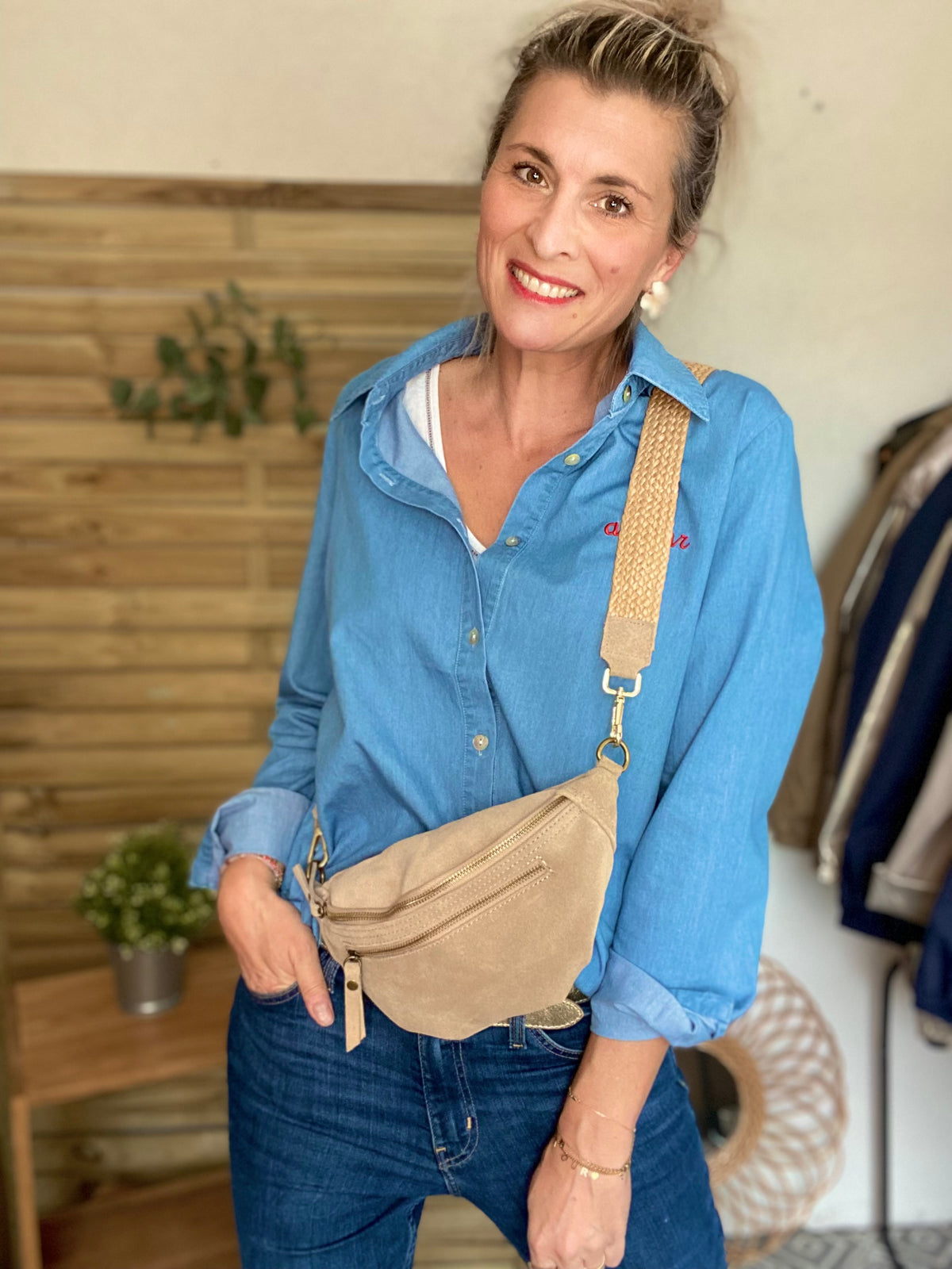Sac banane double poche en cuir daim - OPALINE - Beige
