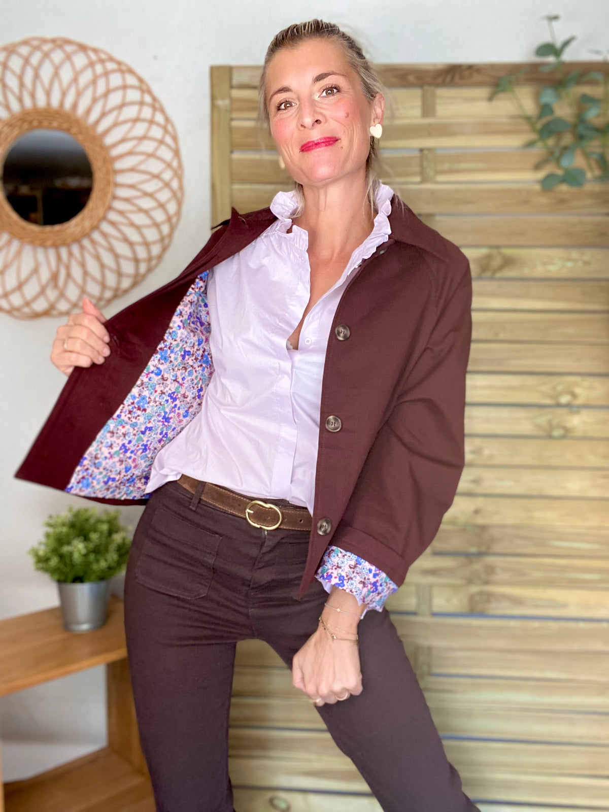 Veste Trench en coton bordeaux foncé avec Liberty - MAHAUT - LILI et LALA - FIN DE SÉRIE