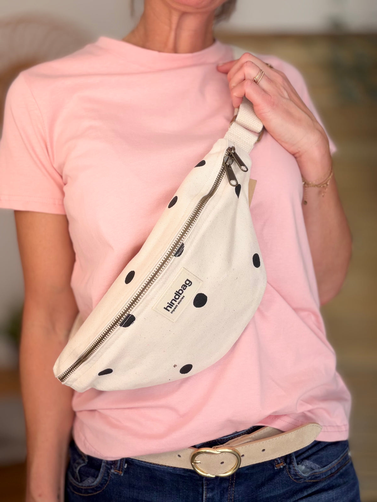 HINDBAG OLIVIA - Sac banane Pois Écru ⚫️