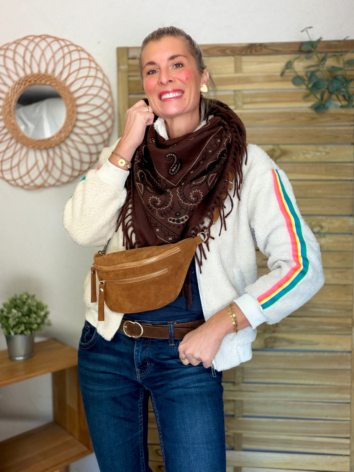 Veste Sherpa zippée bandes Arc-en-ciel CORALIE Beige🌈