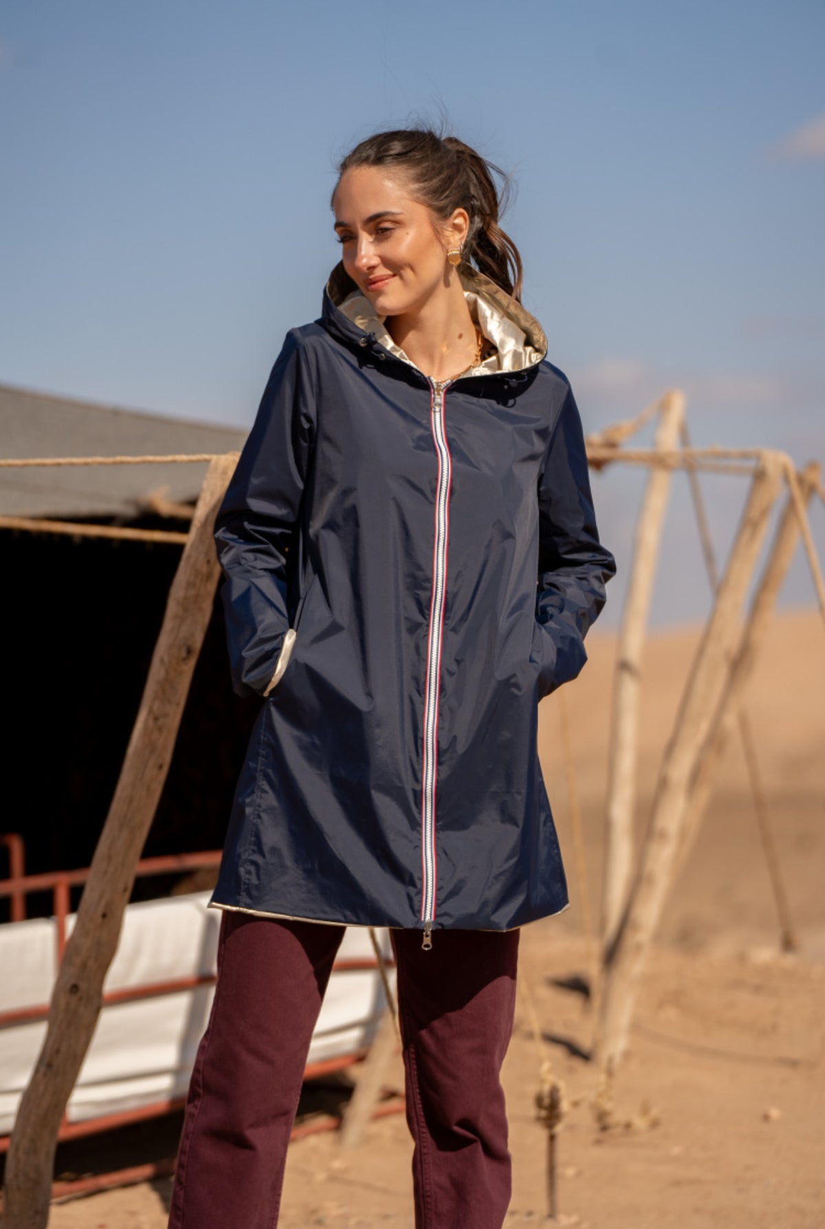 LAURA JO - Imperméable réversible léger GARANCE LONG - Marine/Doré