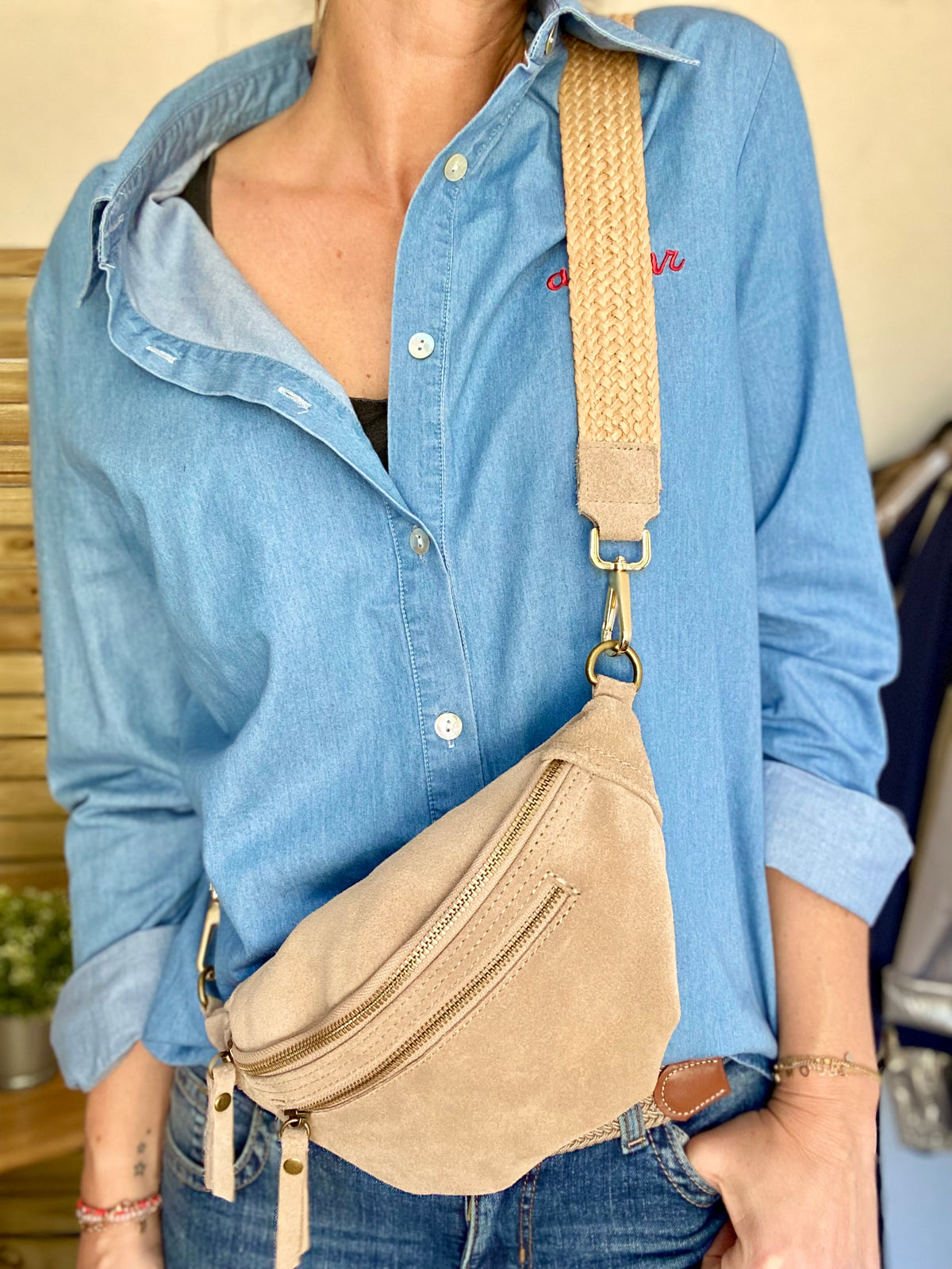 Sac banane double poche en cuir daim - OPALINE - Beige