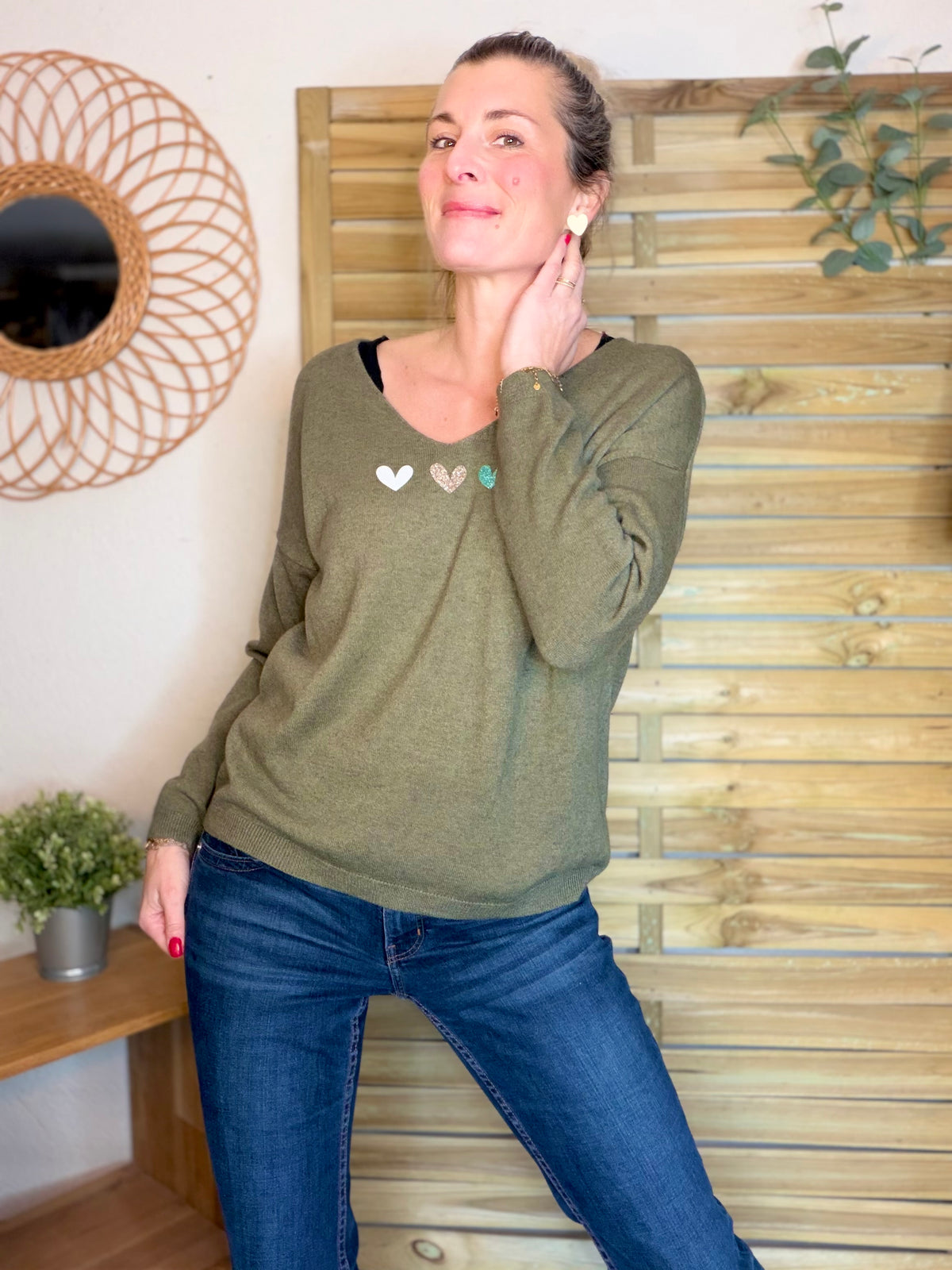 Pull fin 3 cœurs 💛 BERTILLE - Kaki - FIN DE SÉRIE