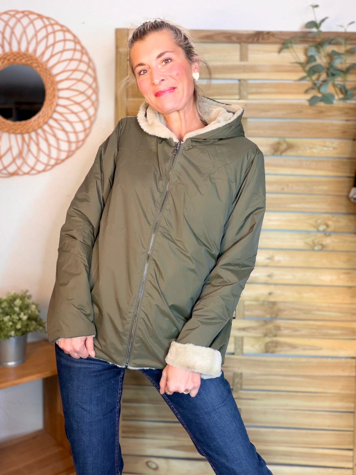 LAURA JO - Parka Imperméable réversible fourrée Kaki / Beige ALIX Court