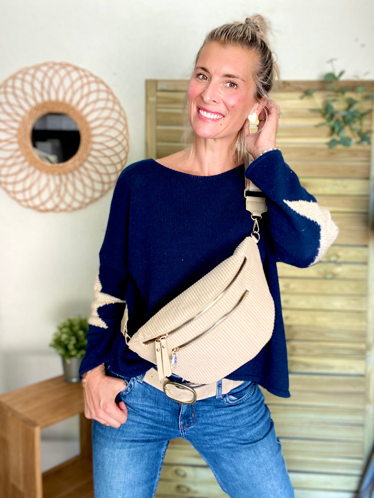 Sac banane XL en velours côtelé 2 zips et sangle fantaisie - WENDY - Beige
