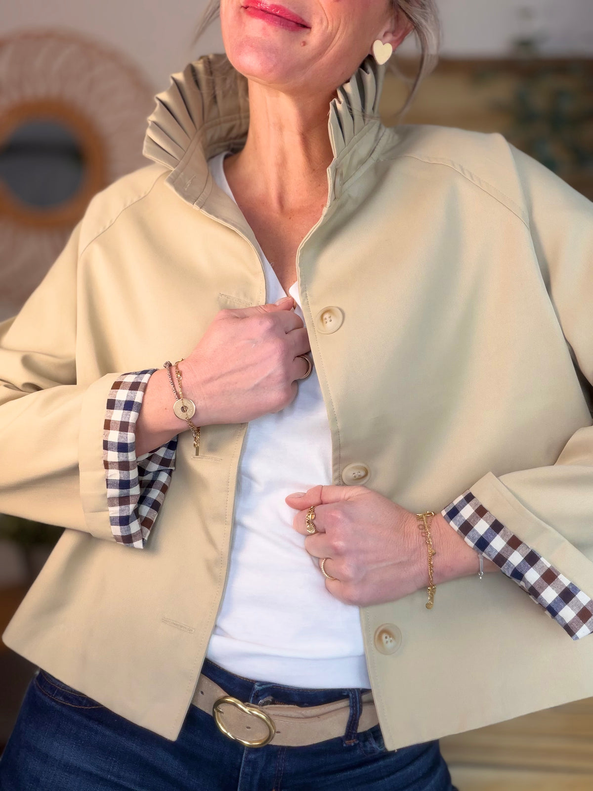 Veste Trench col victorien, revers carreaux - VICKY Beige