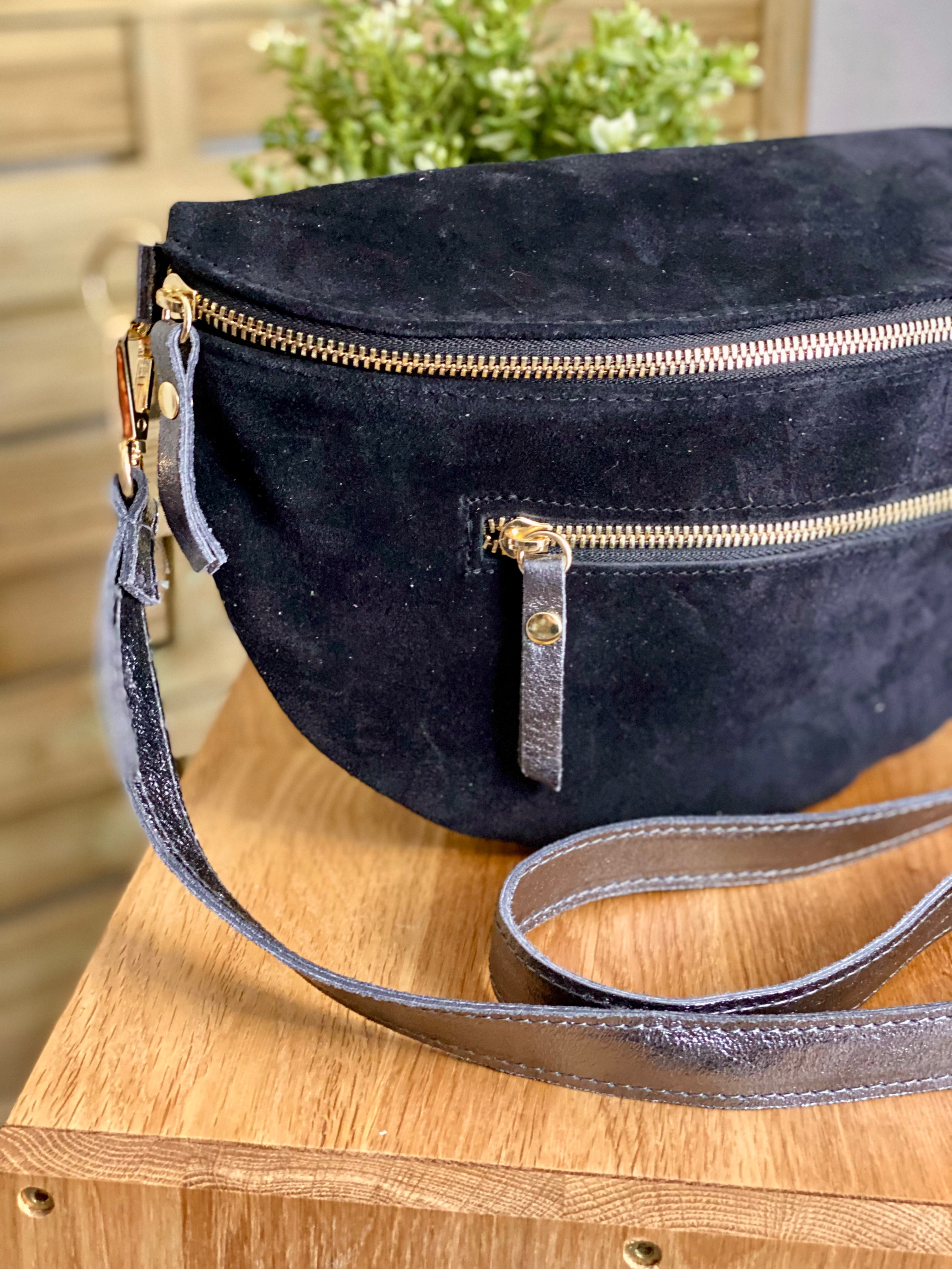 Sac banane XL 2 zips en cuir velours et irisé 30cm TERRY - Noir