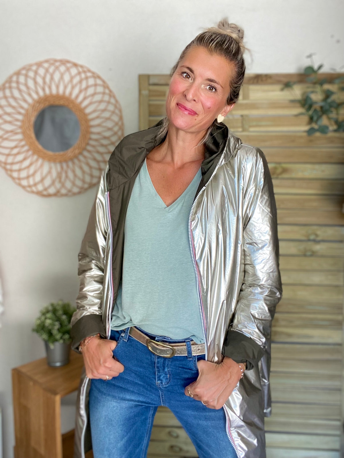 LAURA JO - Imperméable réversible rembourré LOUISON LONG - Kaki/Doré