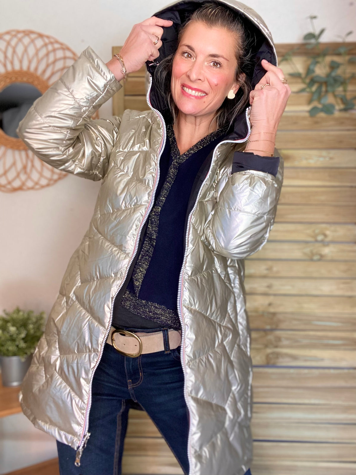 LAURA JO - Doudoune réversible imperméable longue INÈS - Noir / Doré - FIN DE SÉRIE