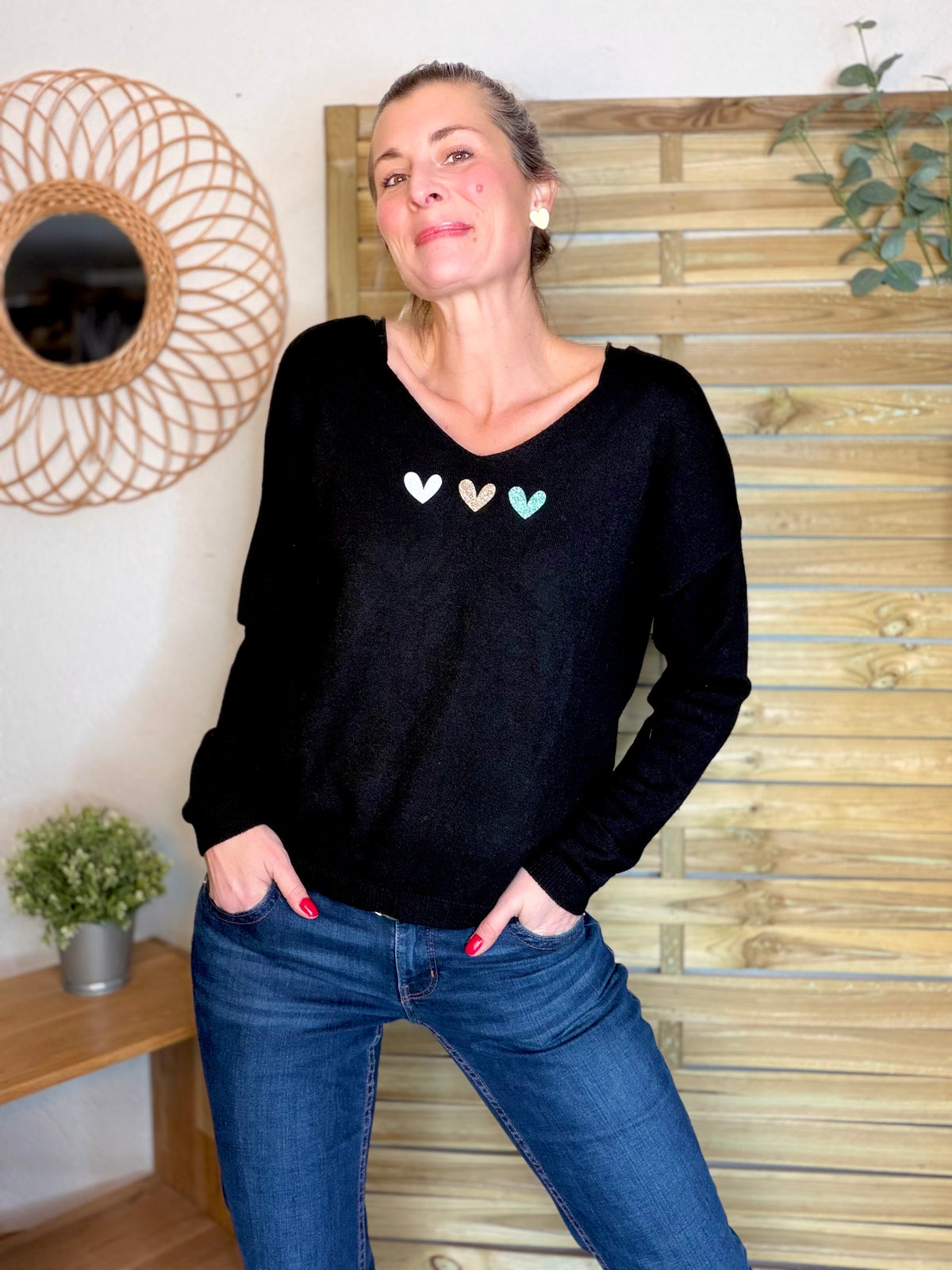 Pull fin 3 cœurs 💛 BERTILLE - Noir - FIN DE SÉRIE
