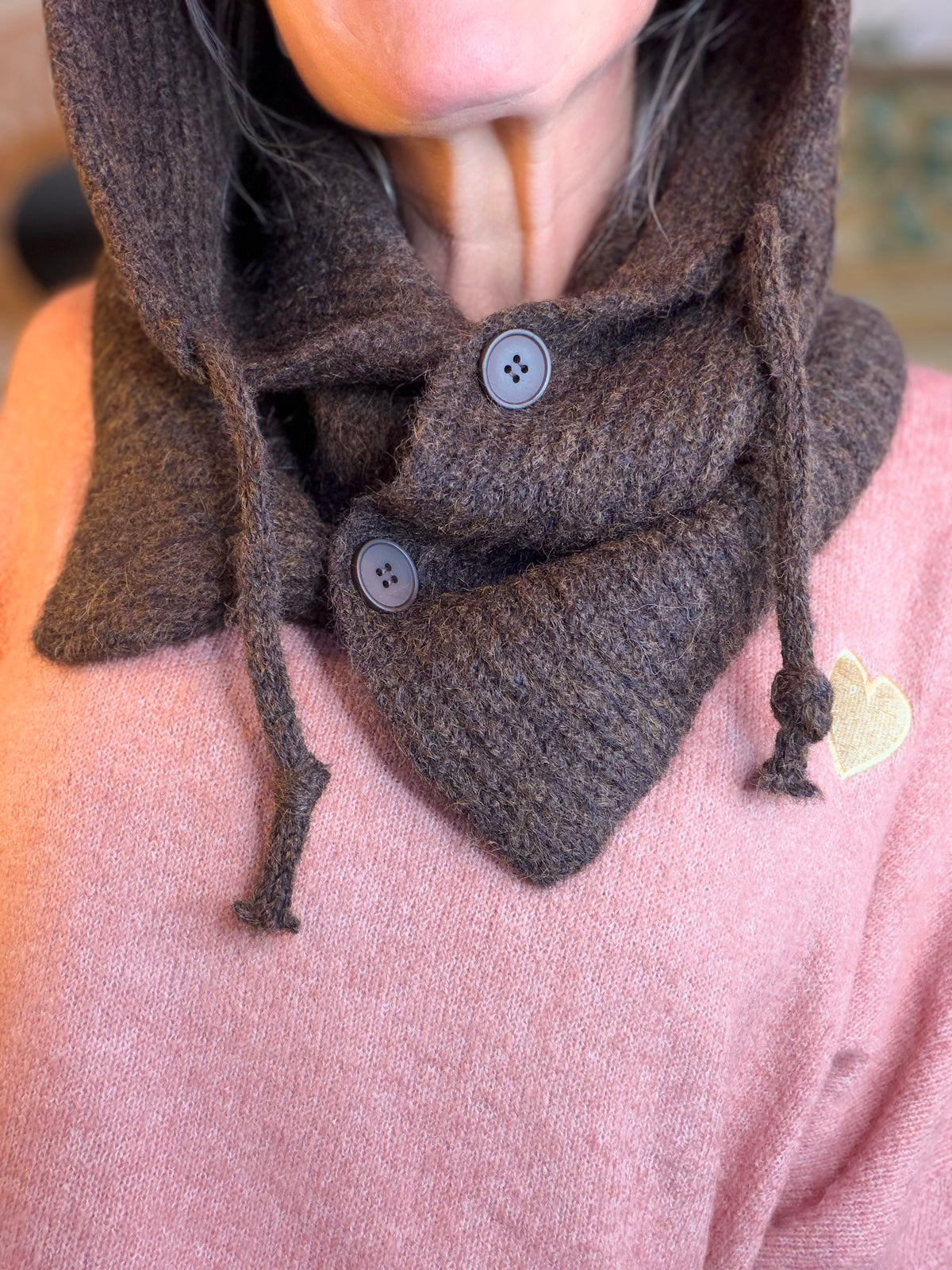Col cagoule LORIE en maille avec boutons - Chocolat