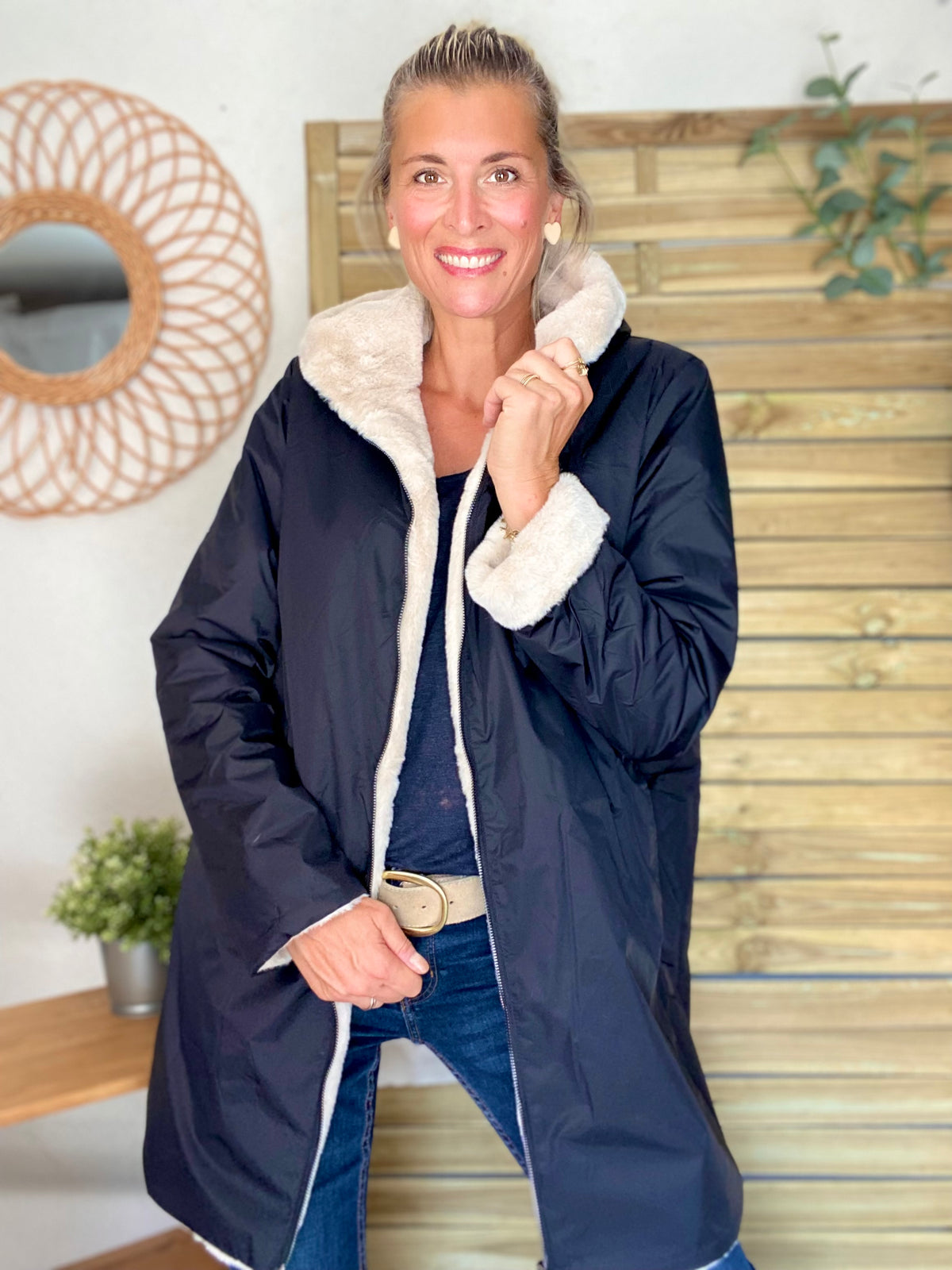 LAURA JO - Parka Imperméable réversible fourrée Noir / Beige ALIX long
