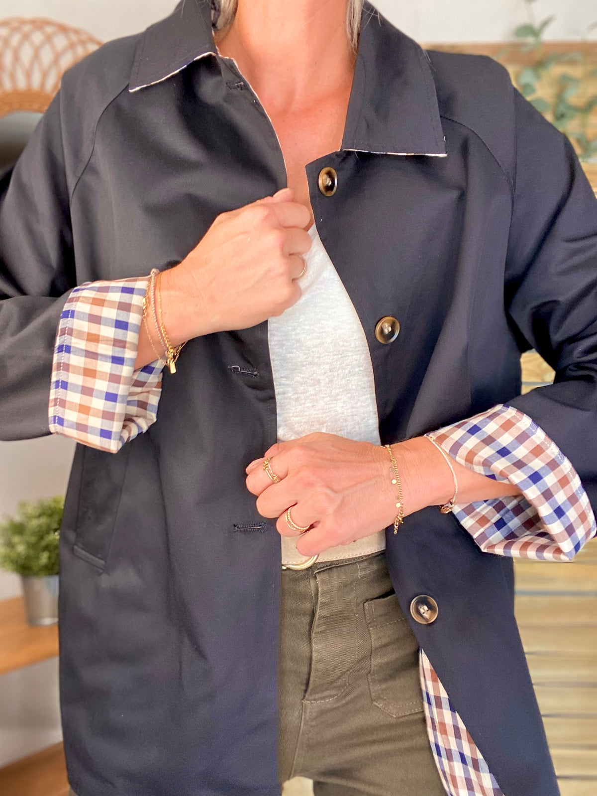 Veste Trench mi long réversible vichy LENA Noir - FIN DE SÉRIE