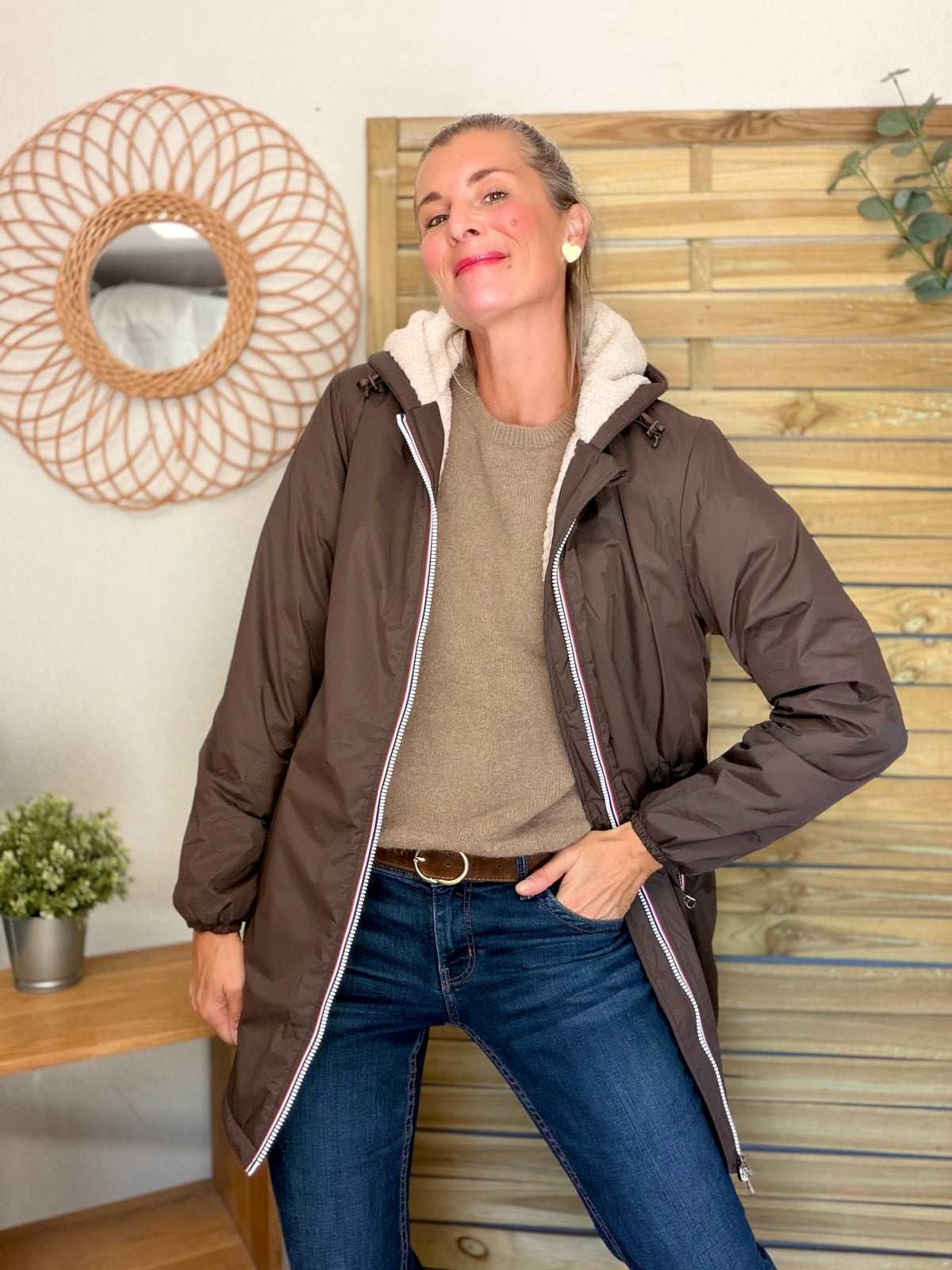 LAURA JO - Parka Imperméable LOUISE LONG Sherpa écru - Chocolat