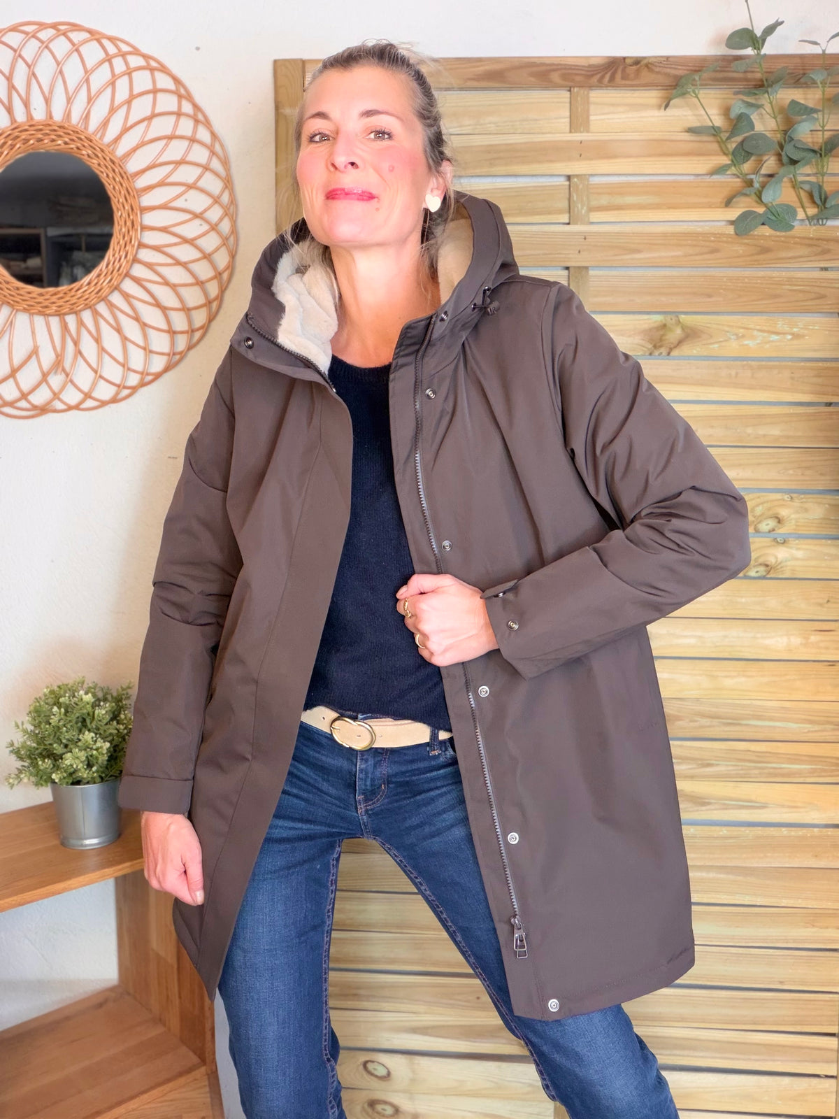 LAURA JO - Parka fourrée imperméable AMBRE LONG - Chocolat / Beige