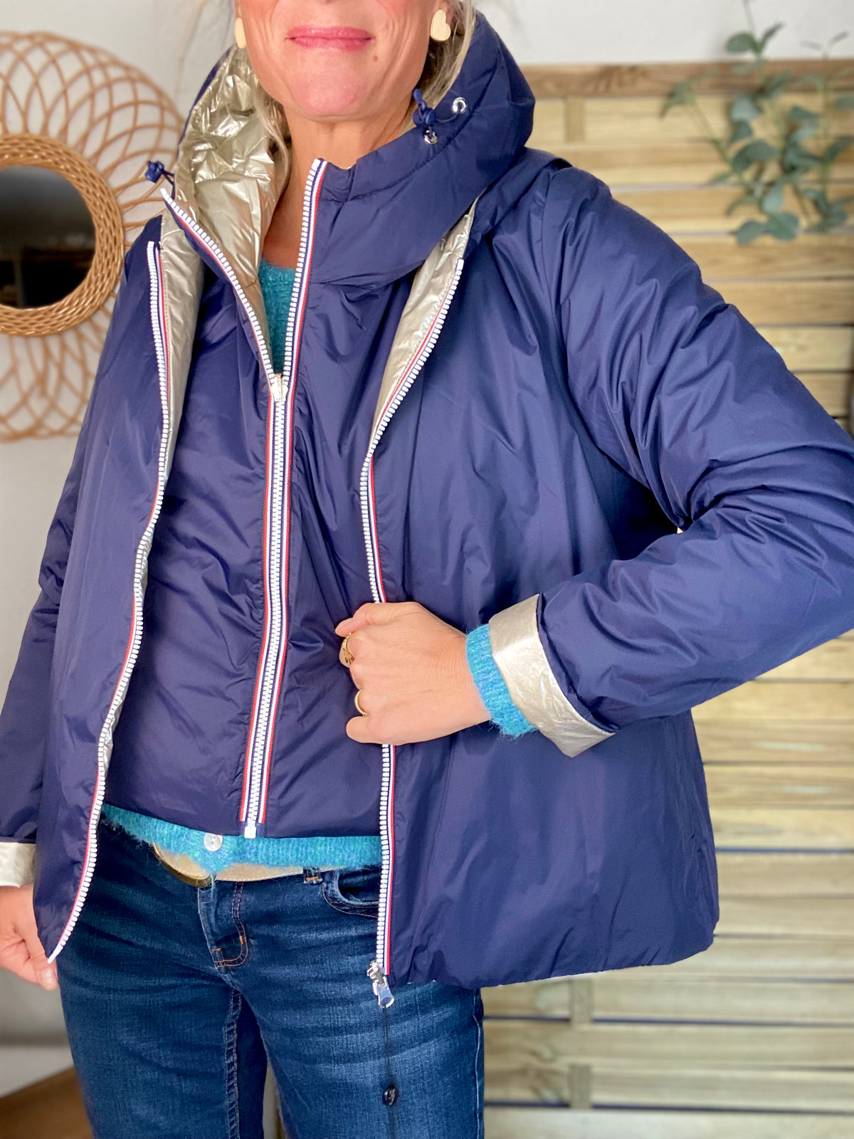 LAURA JO - Col capuche amovible réversible  DANY - Bleu Marine / Doré
