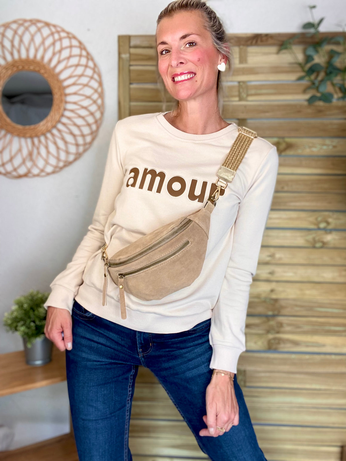 Sweat amour en coton GABRIELLE - Beige et Taupe - FIN DE SÉRIE