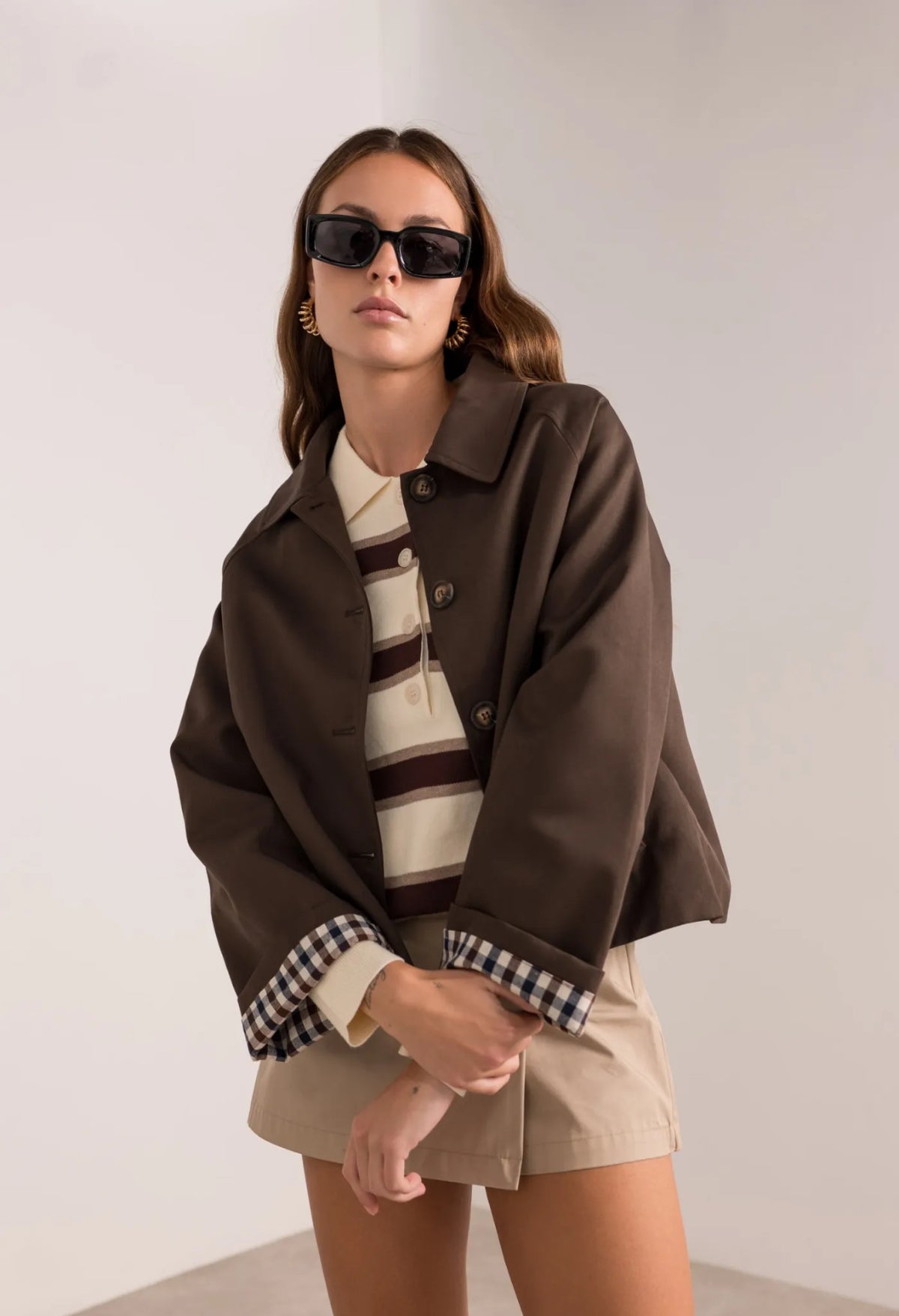Veste Trench en coton, revers carreaux - YSEULT court Chocolat