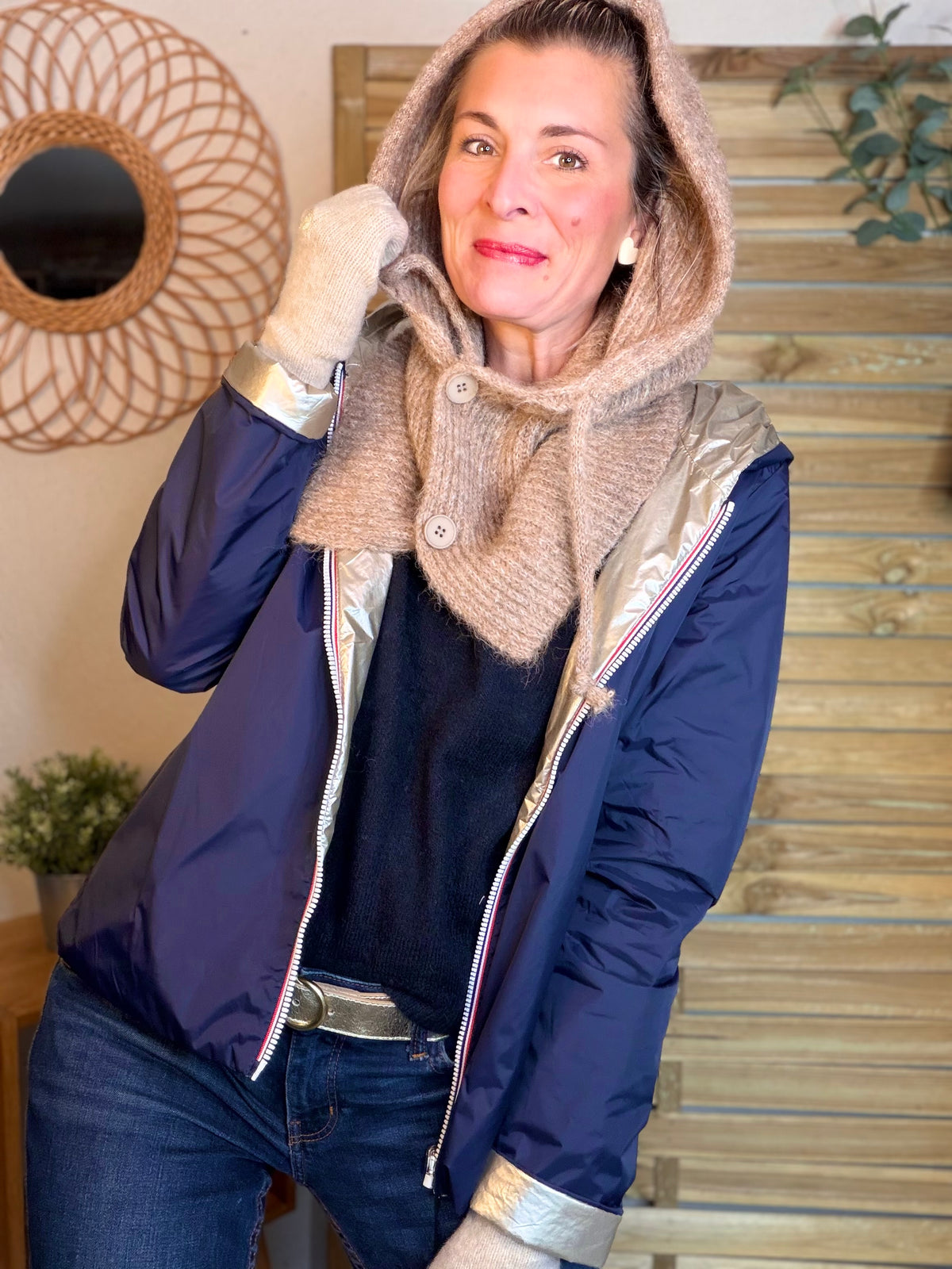 Col cagoule LORIE en maille avec boutons - Taupe