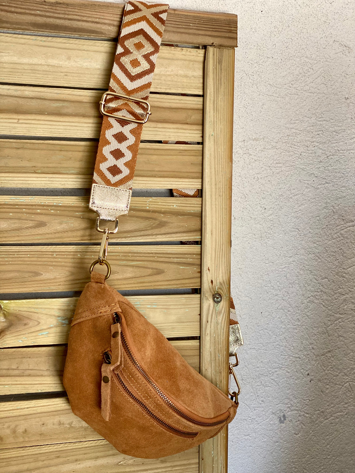 Sac banane double poche en cuir daim - OPALINE - Camel