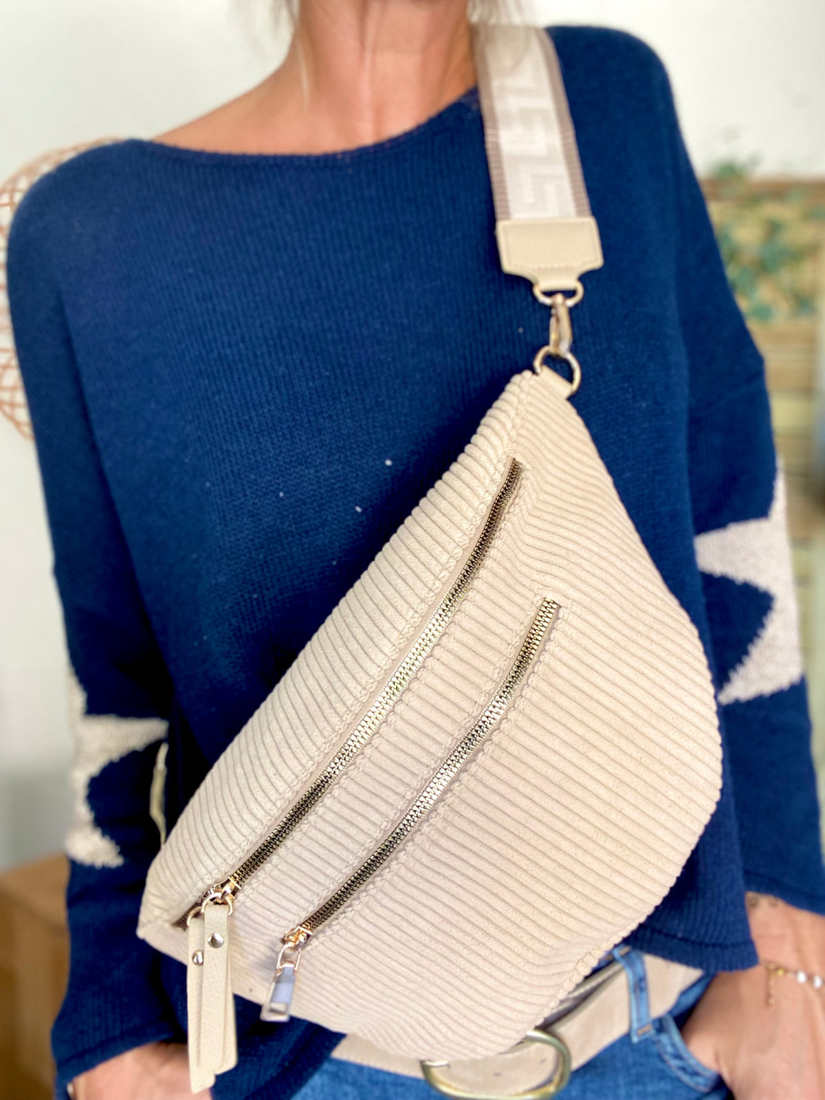 Sac banane XL en velours côtelé 2 zips et sangle fantaisie - WENDY - Beige