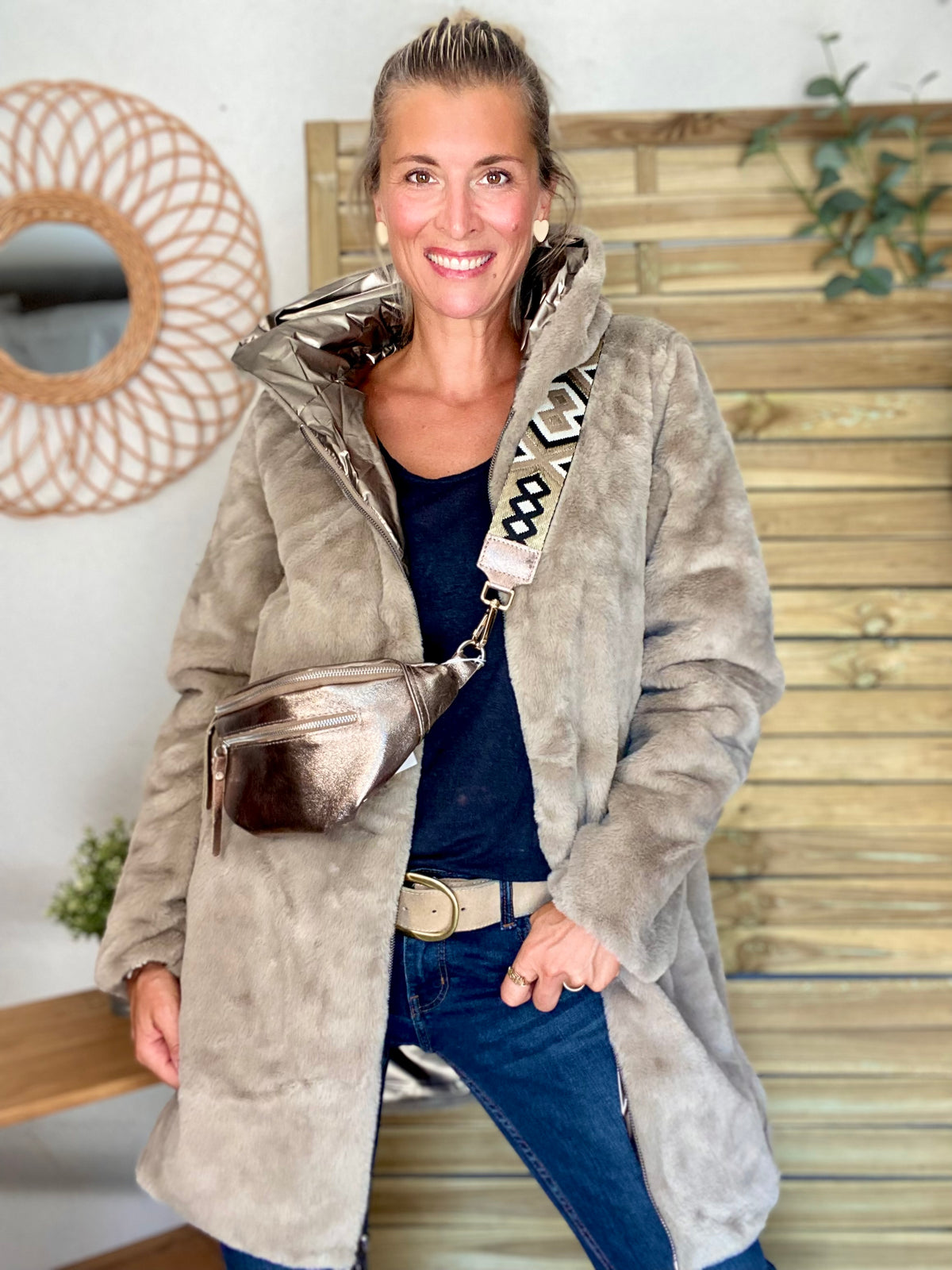 LAURA JO - Parka Imperméable réversible fourrée Bronze / Beige ALIX Long