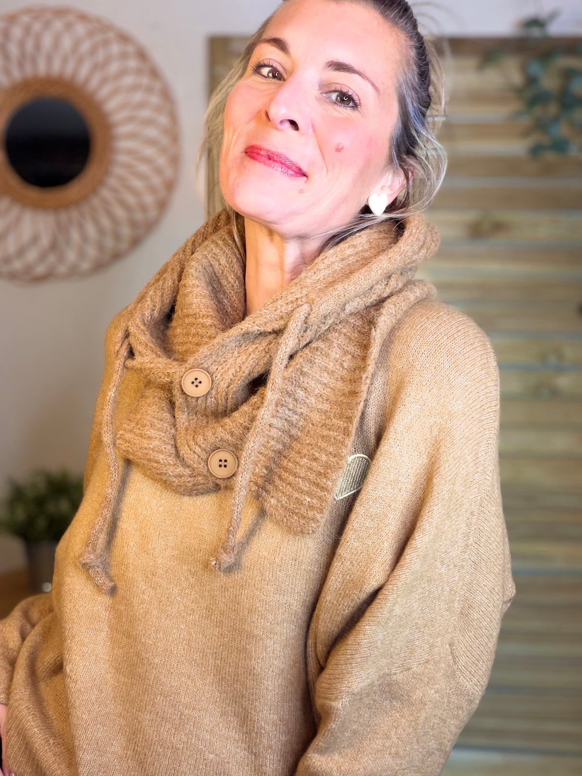 Col cagoule LORIE en maille avec boutons - Camel
