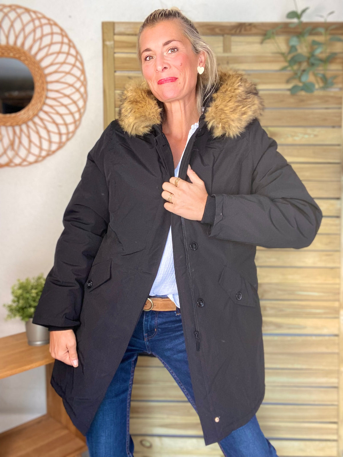 Parka rembourrée déperlante noir, capuche col fourrure amovible - CHEYENNE - FIN DE SÉRIE