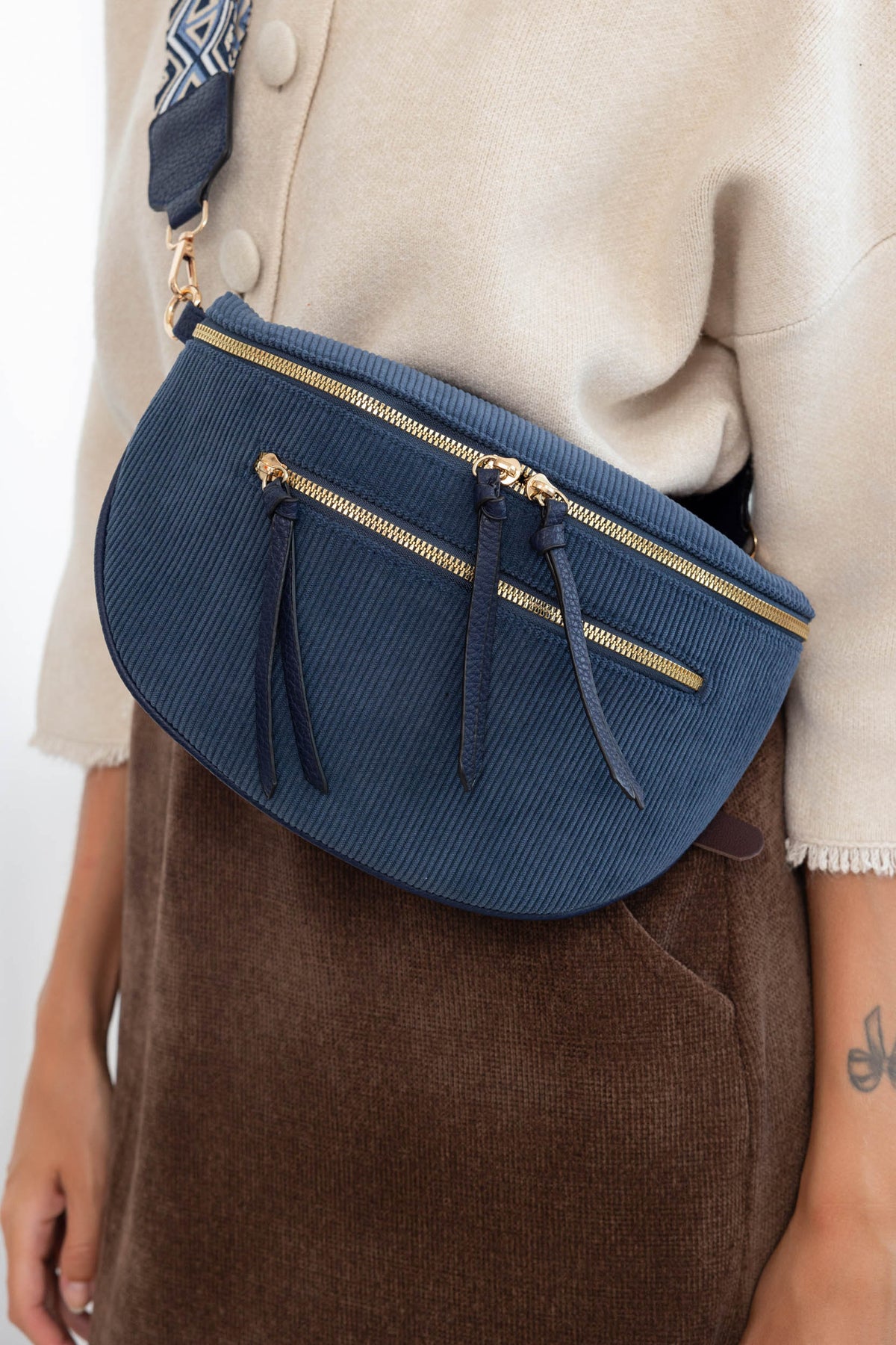 Sac banane en velours côtelé, sangle fantaisie - KATY - Bleu marine - FIN DE SÉRIE