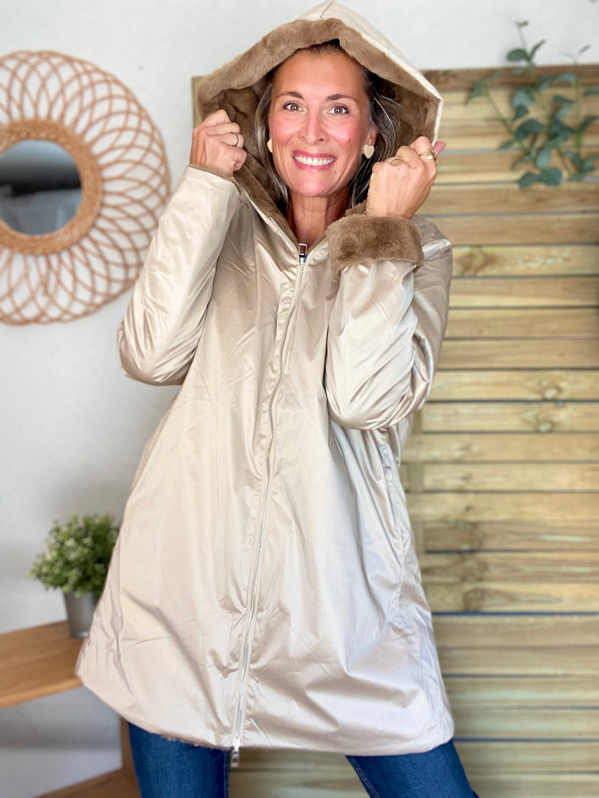 LAURA JO - Parka Imperméable réversible fourrée Sable irisé / Camel ALIX Long