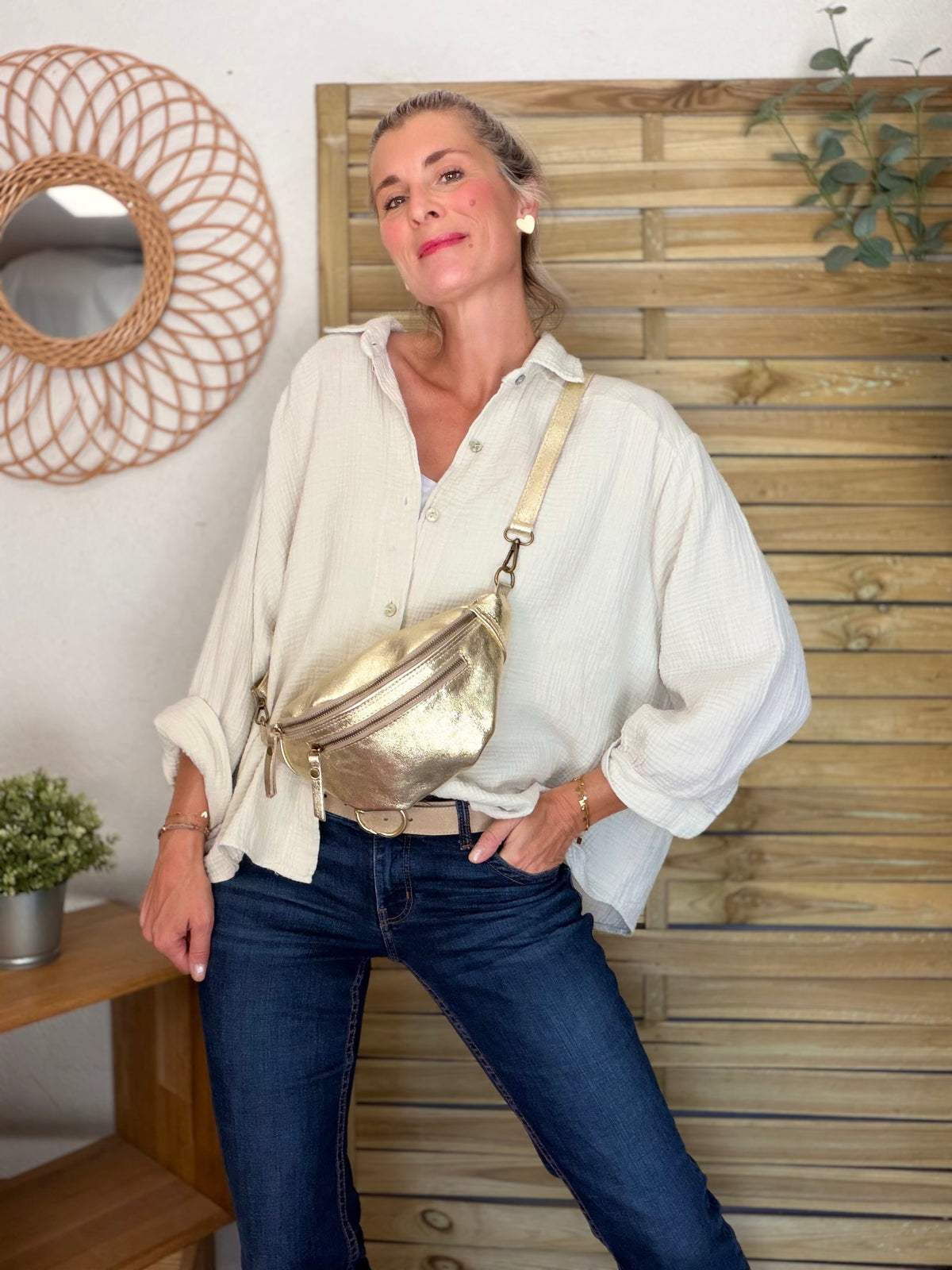 Sac banane en cuir irisé double poche - OPALE - Doré / Laiton