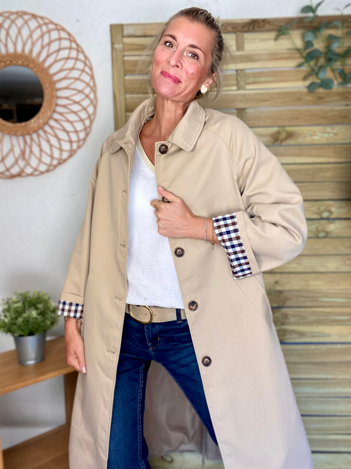 Veste Trench en coton, revers carreaux - YSEULT long Beige