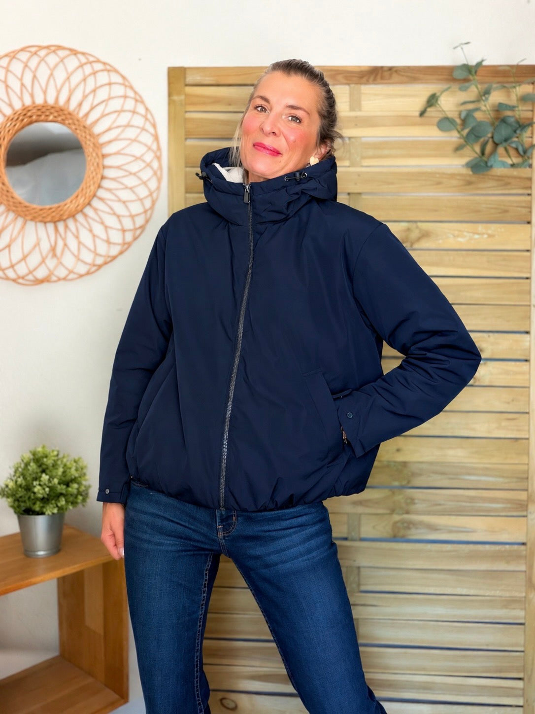 LAURA JO - Imperméable fourré sherpa EVA court - Bleu marine