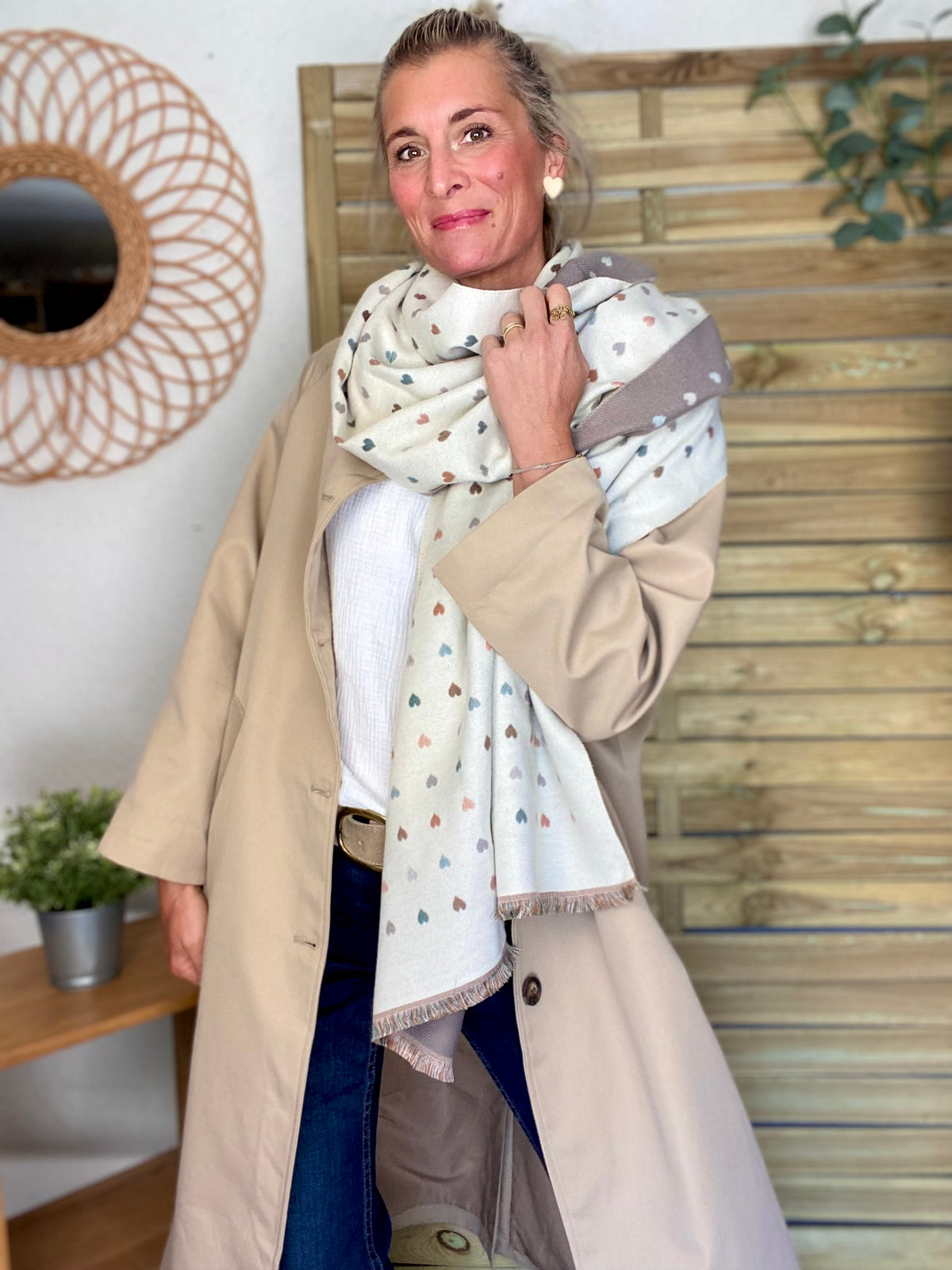 Écharpe douce réversible Coeurs SIMONE - Beige / Taupe 💙🩷💛