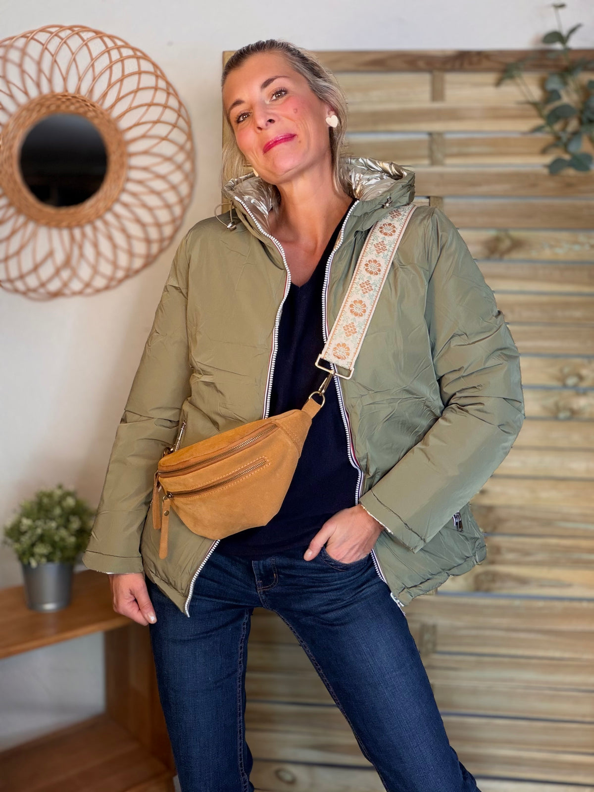 Doudoune imperméable réversible ANGÈLE COURT - Kaki clair - MELYA MELODY (DÉSTOCKAGE sur Taille S)