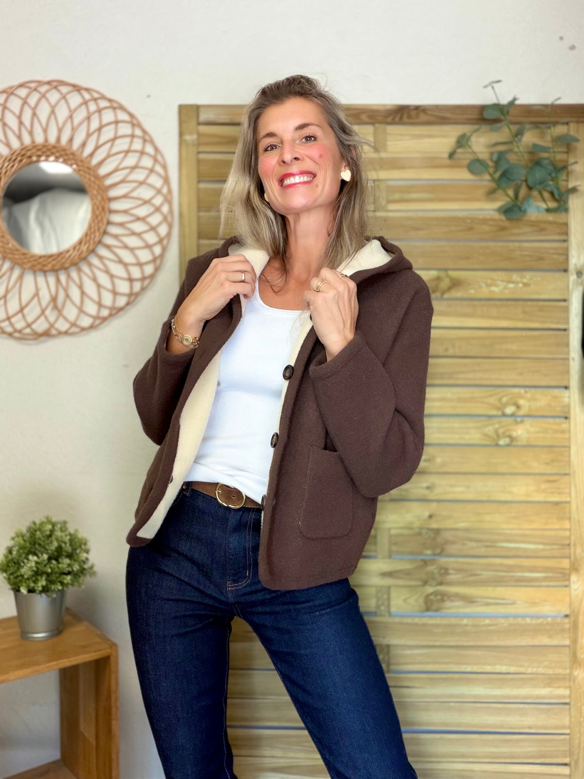 Veste / Gilet chaud réversible avec capuche ORIANE Choco / Beige