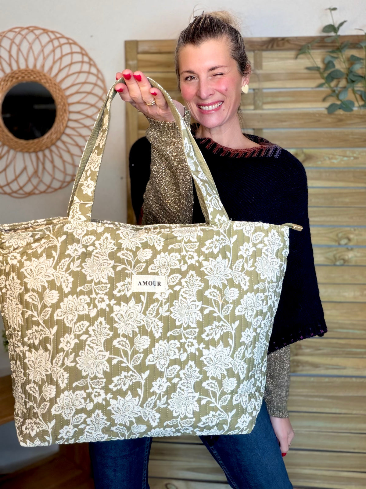 Sac cabas imprimé PIERCE - fleuri Kaki - FIN DE SÉRIE