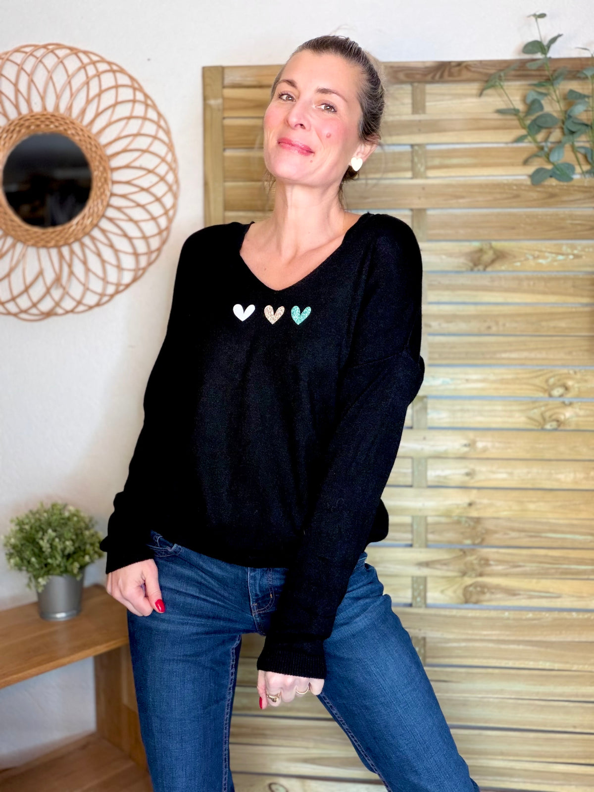 Pull fin 3 cœurs 💛 BERTILLE - Noir - FIN DE SÉRIE