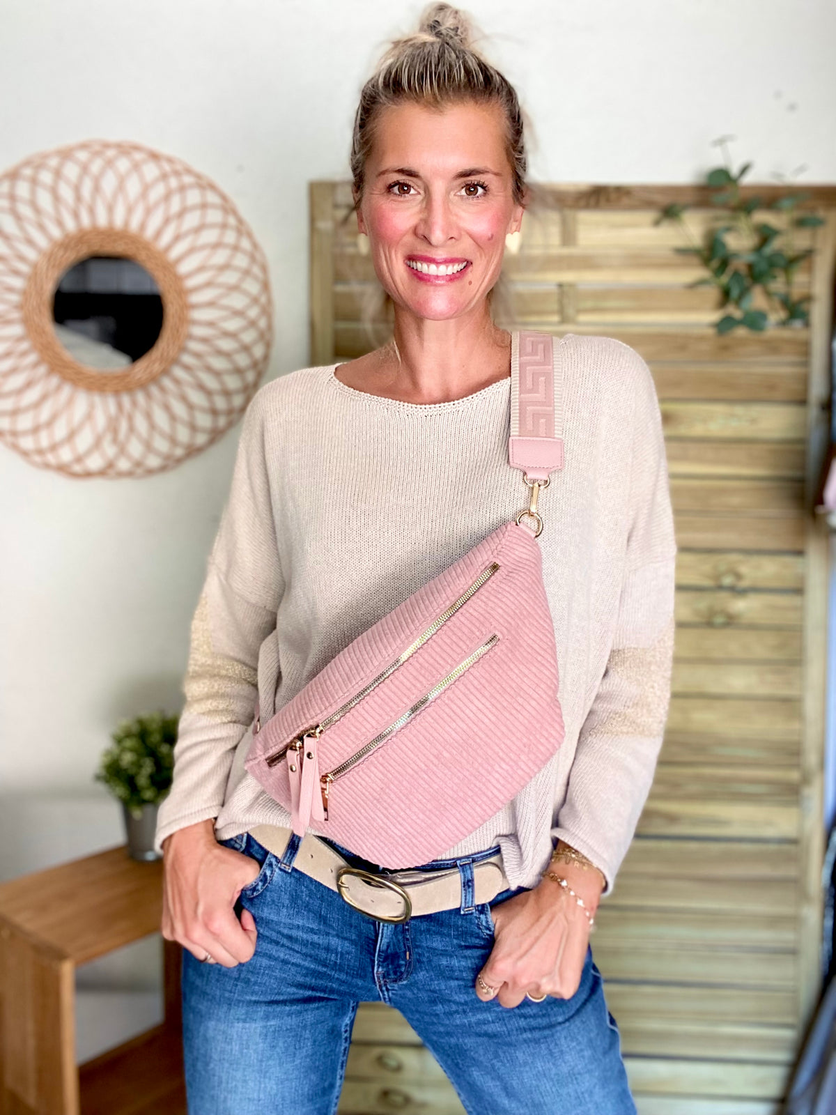 Sac banane XL en velours côtelé 2 zips et sangle fantaisie - WENDY - Vieux rose