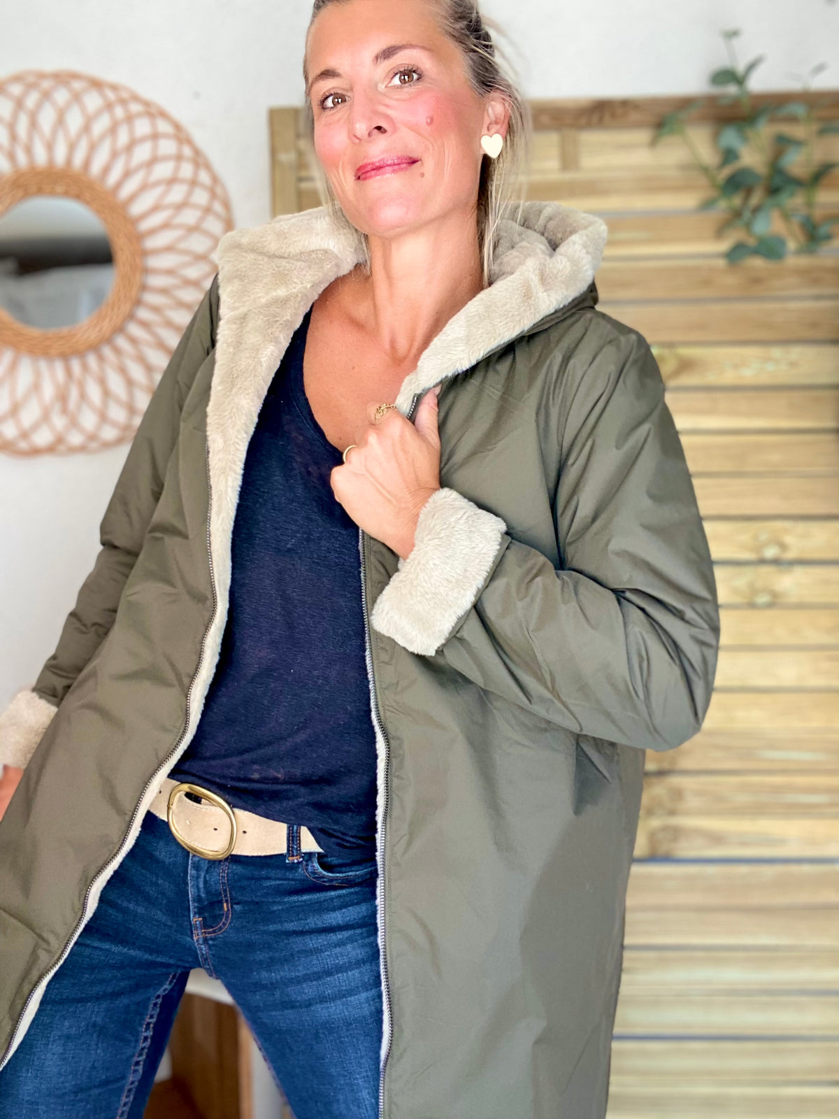 LAURA JO - Parka Imperméable réversible fourrée Kaki / Beige ALIX Long