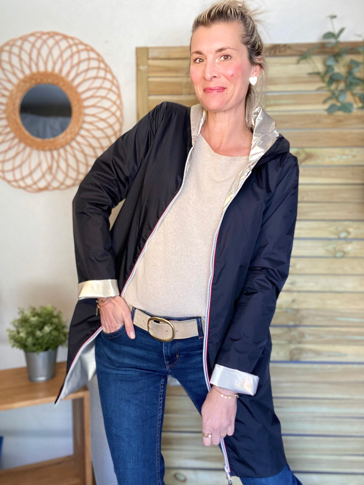 LAURA JO - Imperméable réversible léger GARANCE LONG - Noir/Doré • DESTOCKAGE sur Taille S