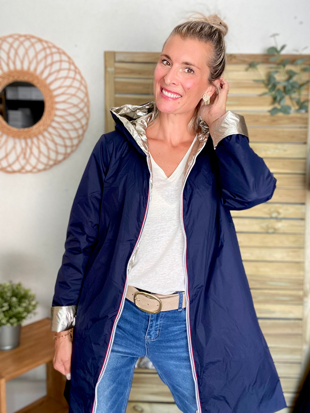 LAURA JO - Imperméable réversible rembourré LOUISON LONG - Marine/Doré