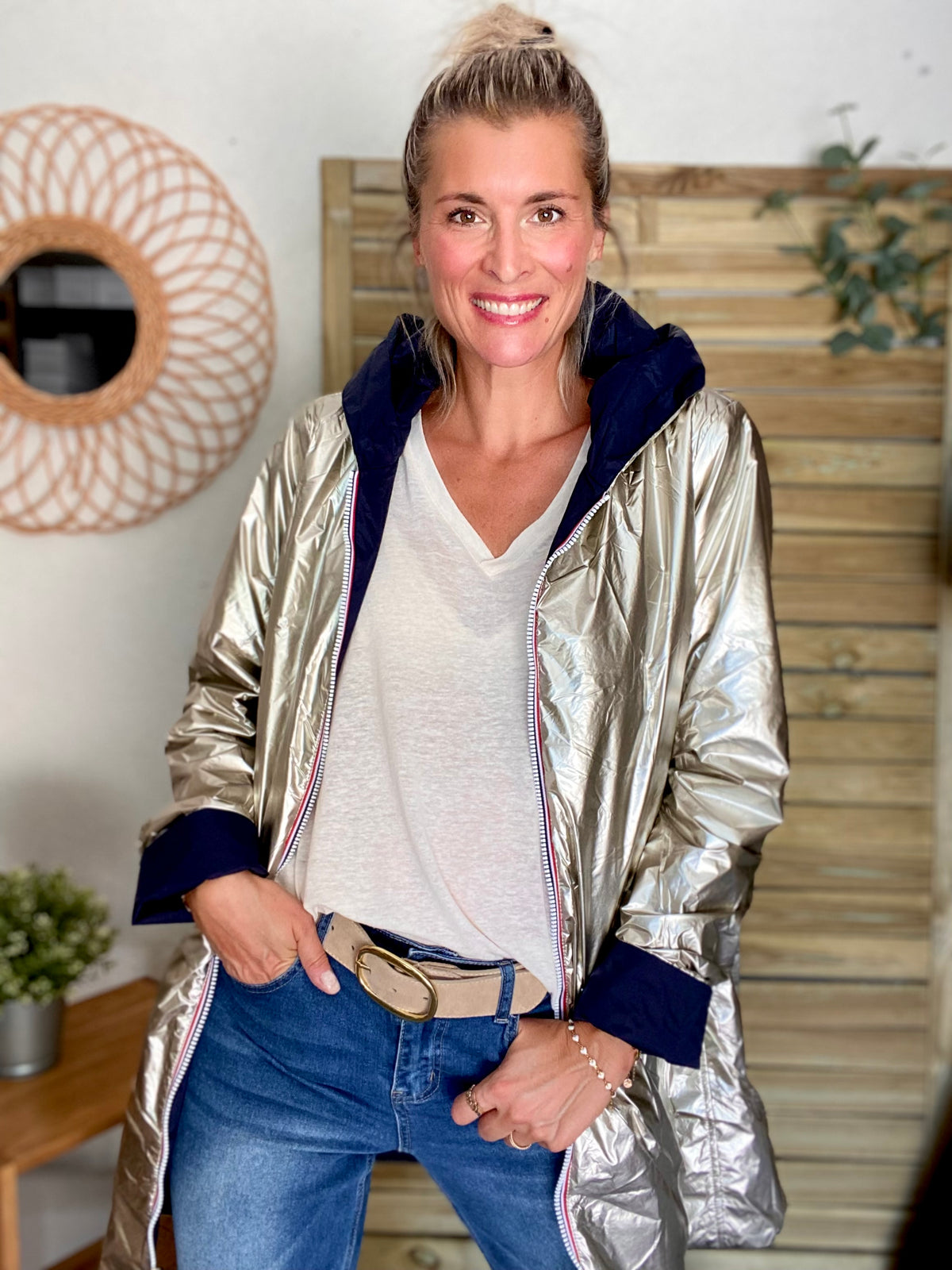 LAURA JO - Imperméable réversible rembourré LOUISON LONG - Marine/Doré